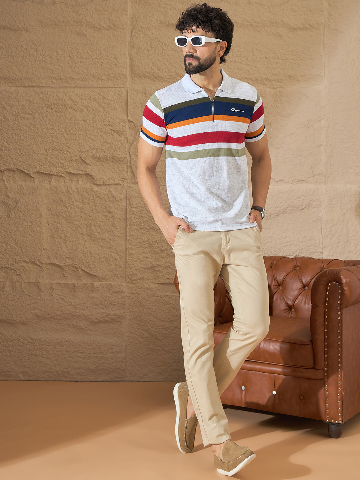 Men Striped Polo T-shirt White