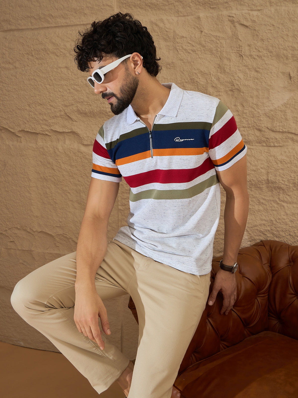 Men Striped Polo T-shirt White