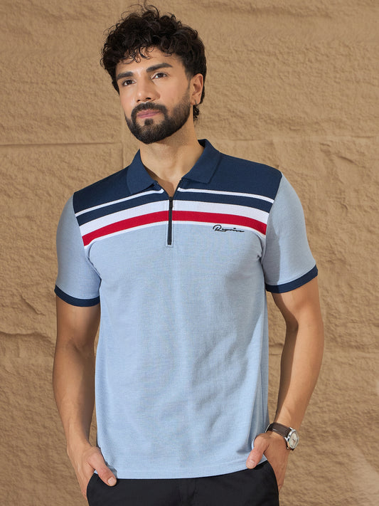 Men Striped Polo T-shirt Light Blue
