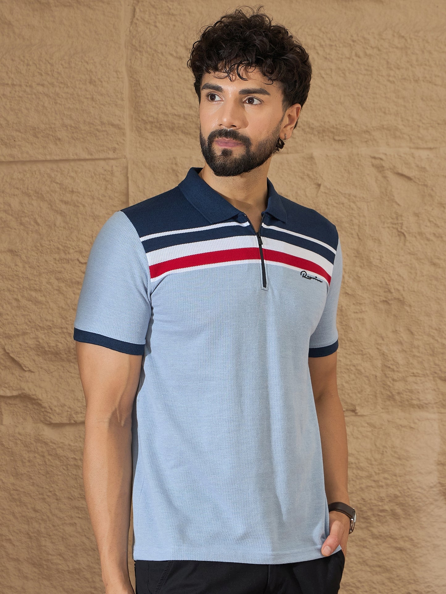 Men Striped Polo T-shirt Light Blue