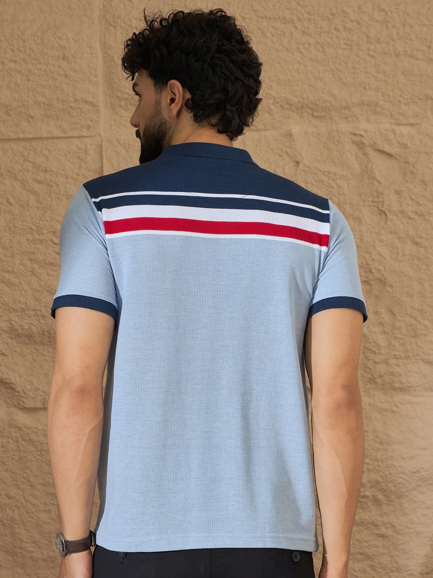 Men Striped Polo T-shirt Light Blue