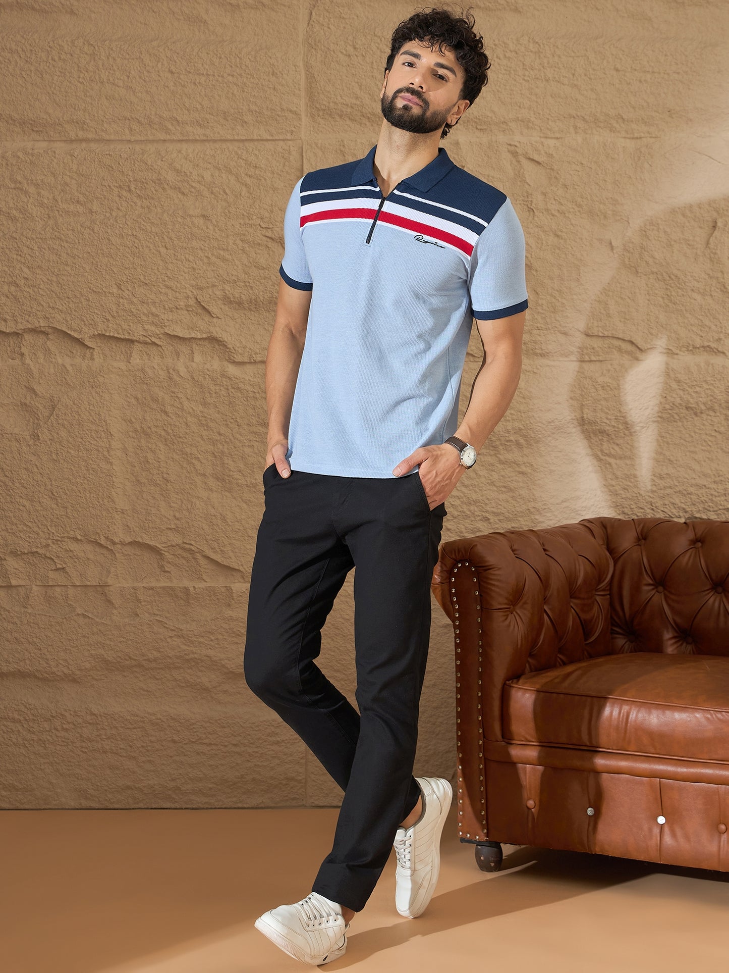 Men Striped Polo T-shirt Light Blue