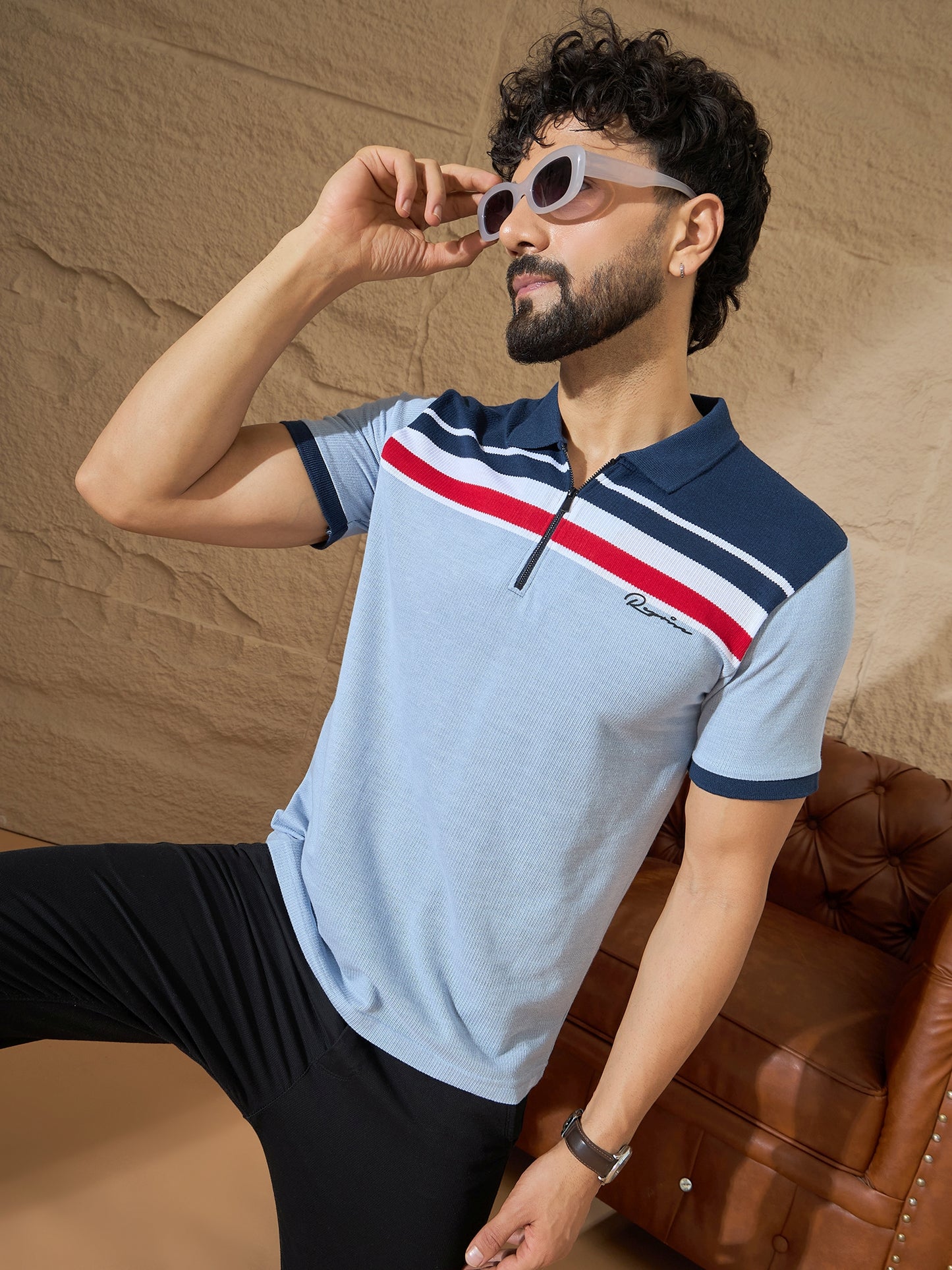 Men Striped Polo T-shirt Light Blue