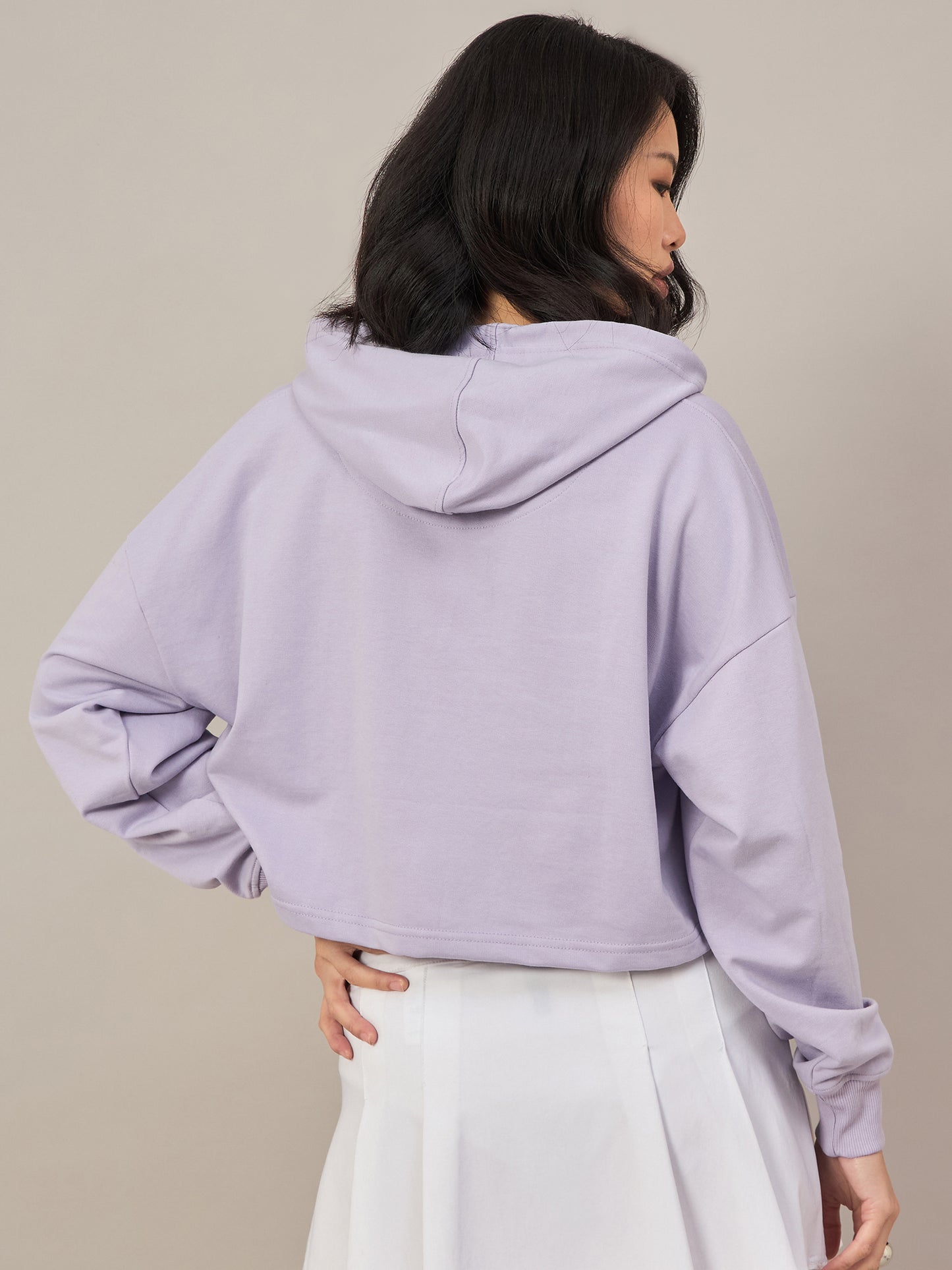 Lavender Women Solid Cropped Hoodie Sweatshirt