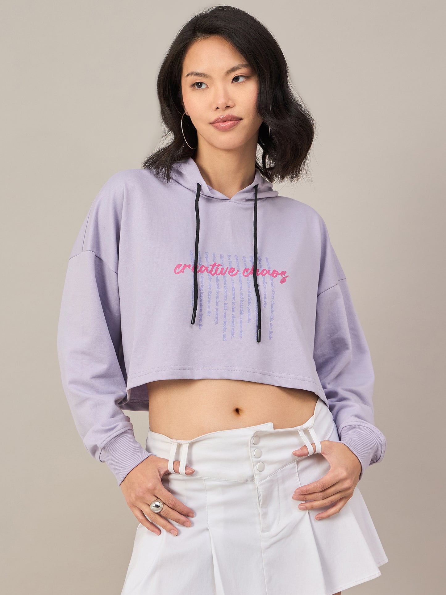 Lavender Women Solid Cropped Hoodie Sweatshirt