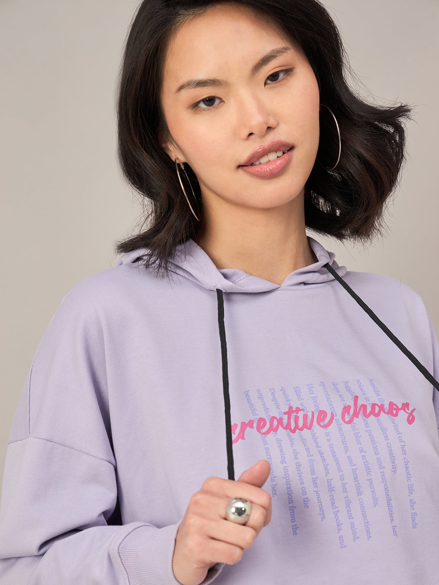 Lavender Women Solid Cropped Hoodie Sweatshirt