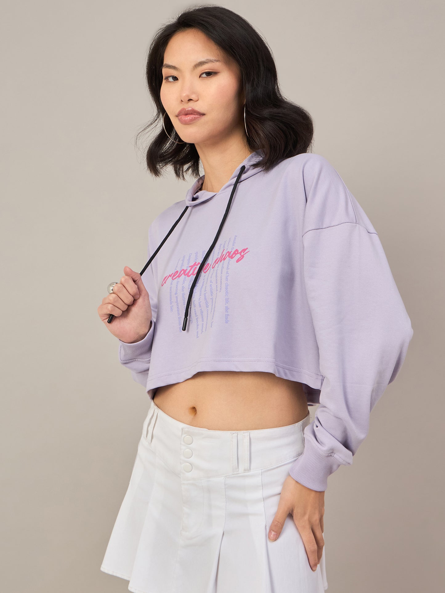 Lavender Women Solid Cropped Hoodie Sweatshirt