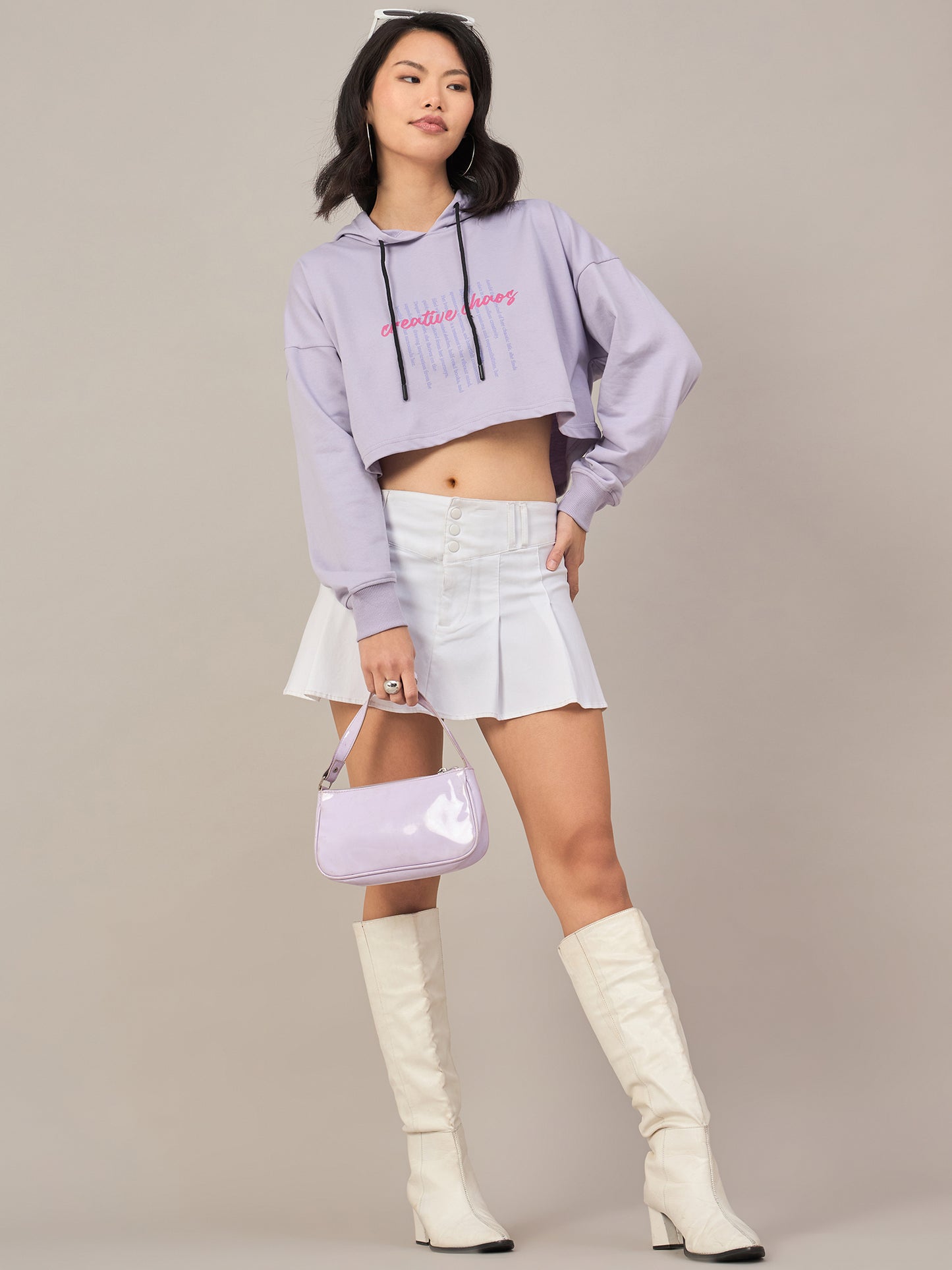 Lavender Women Solid Cropped Hoodie Sweatshirt