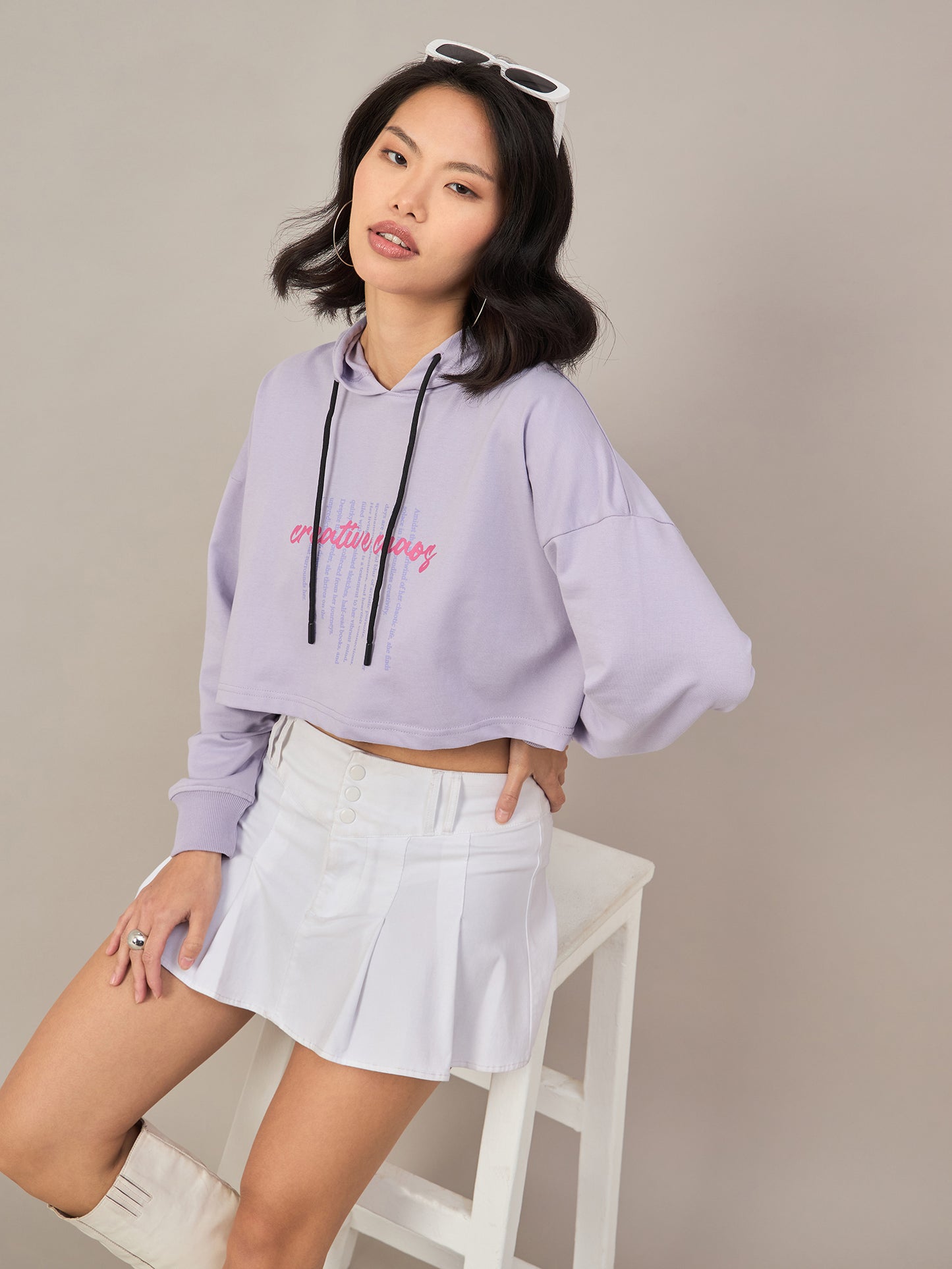 Lavender Women Solid Cropped Hoodie Sweatshirt