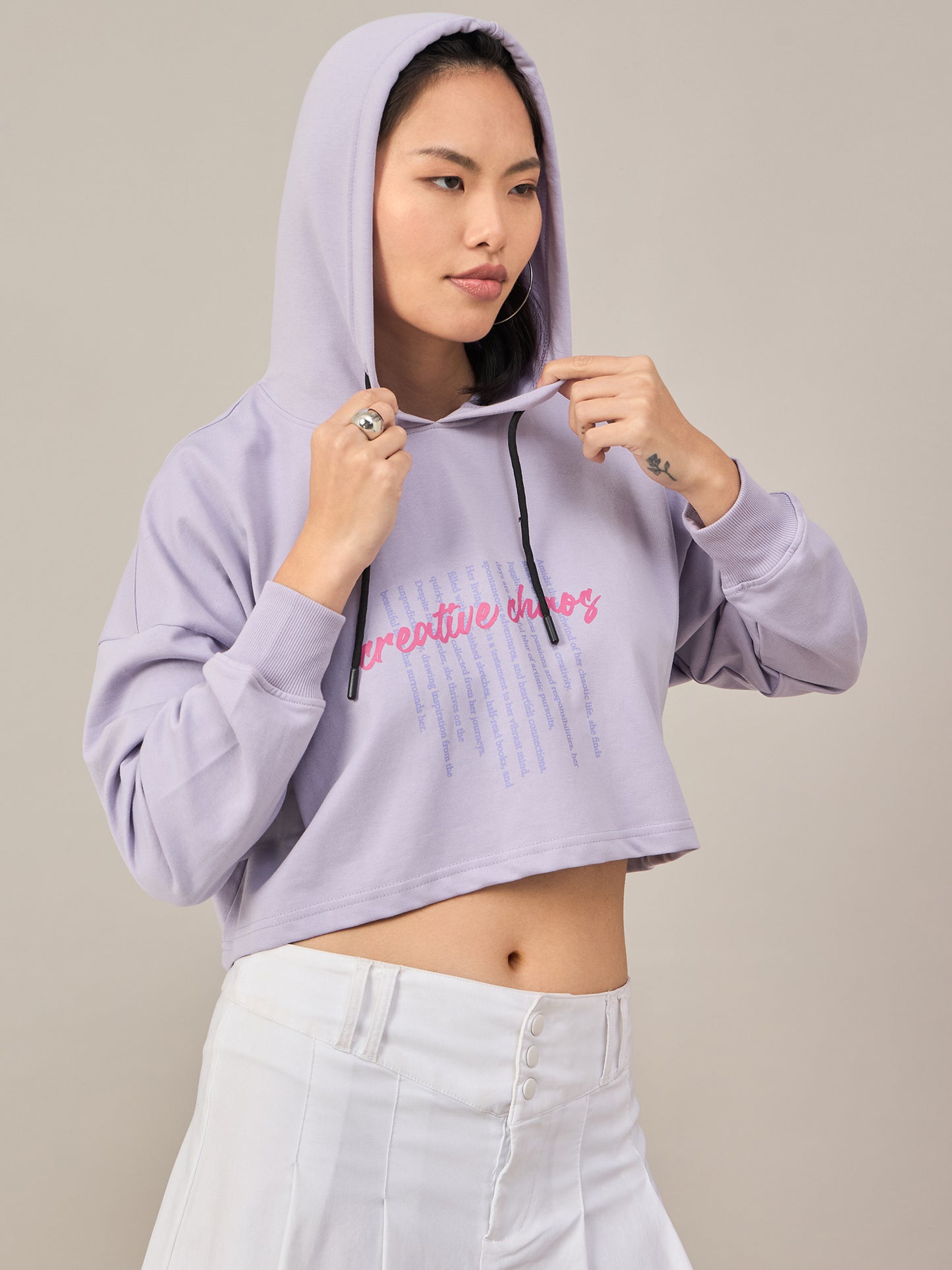 Lavender Women Solid Cropped Hoodie Sweatshirt