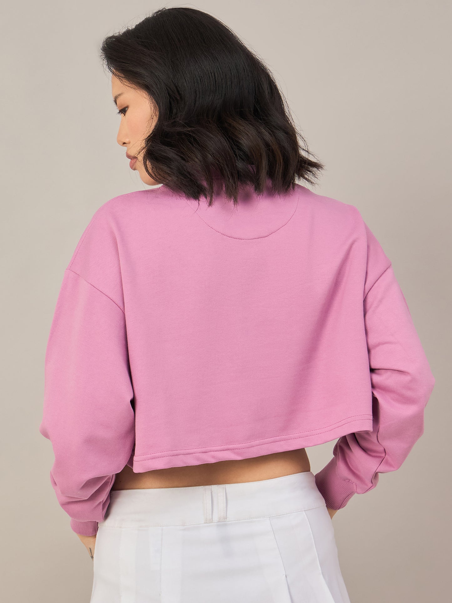 Pink Women Solid Cropped Sweatshirt