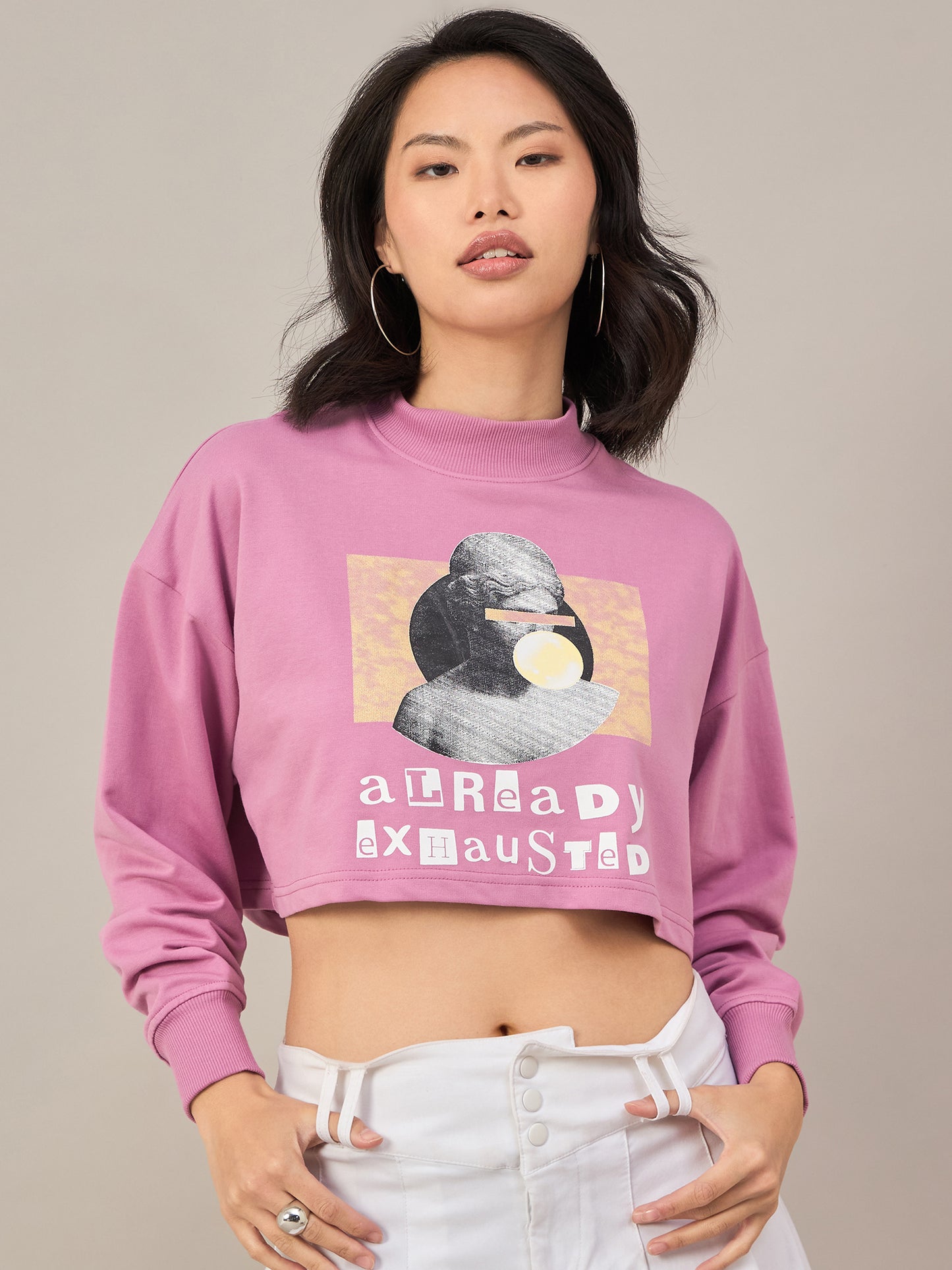 Pink Women Solid Cropped Sweatshirt