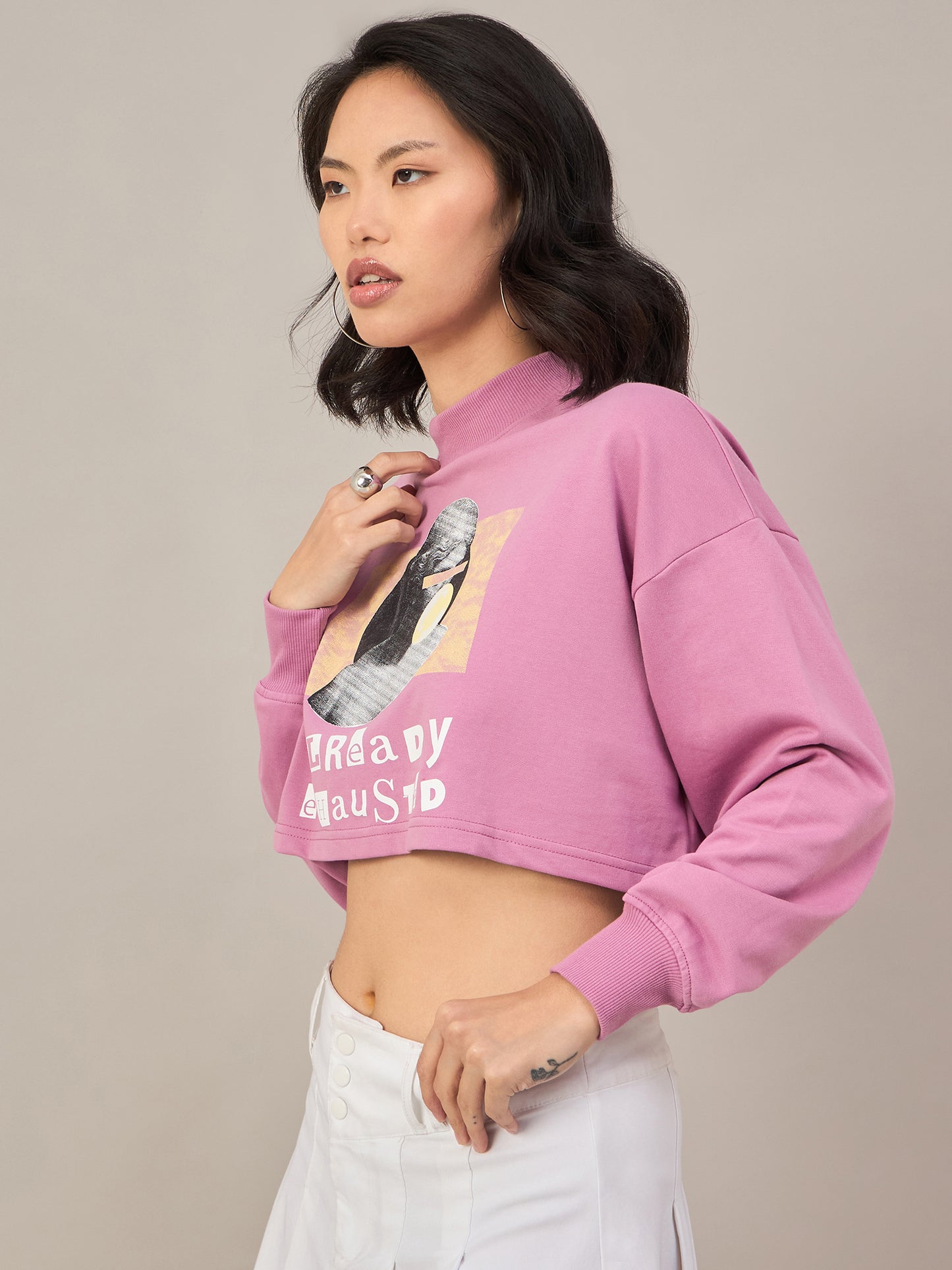 Pink Women Solid Cropped Sweatshirt