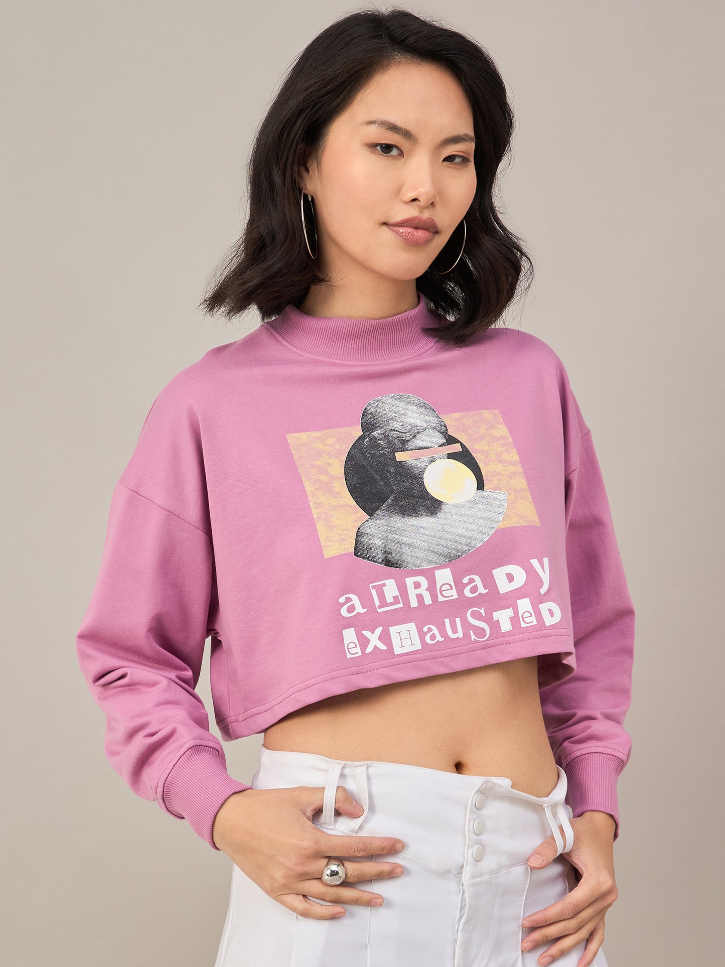 Pink Women Solid Cropped Sweatshirt
