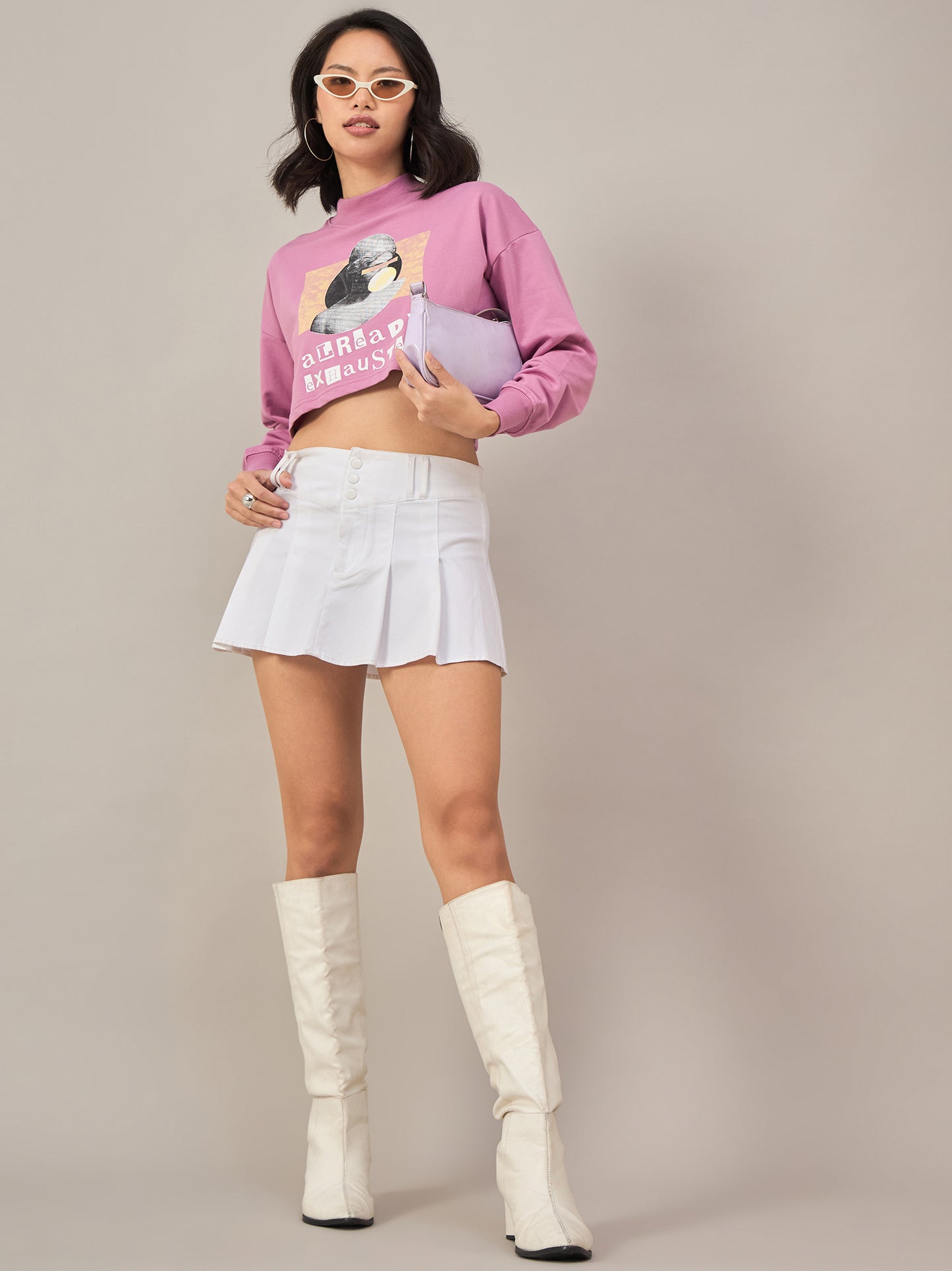 Pink Women Solid Cropped Sweatshirt
