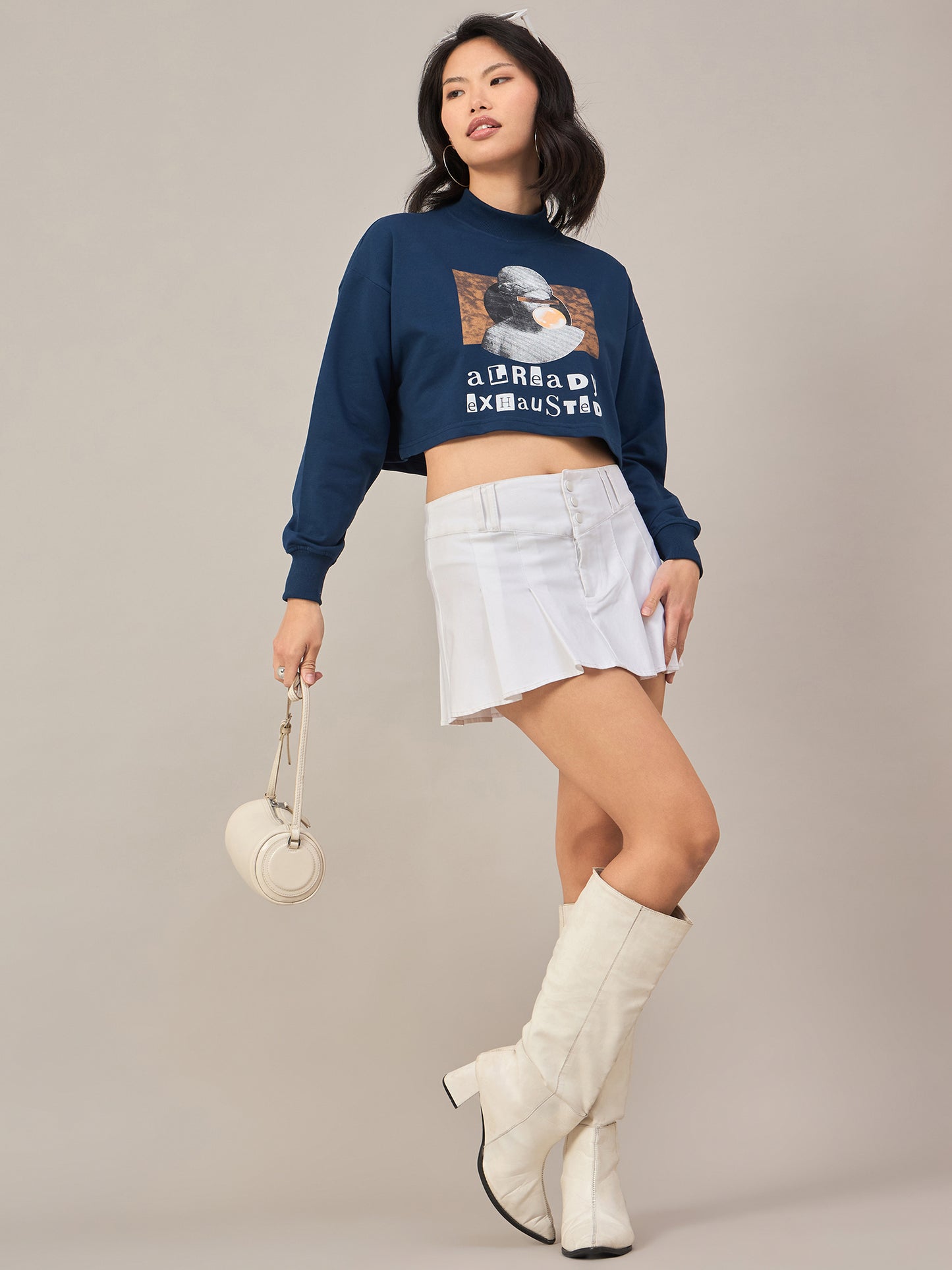 Blue Women Solid Cropped Sweatshirt