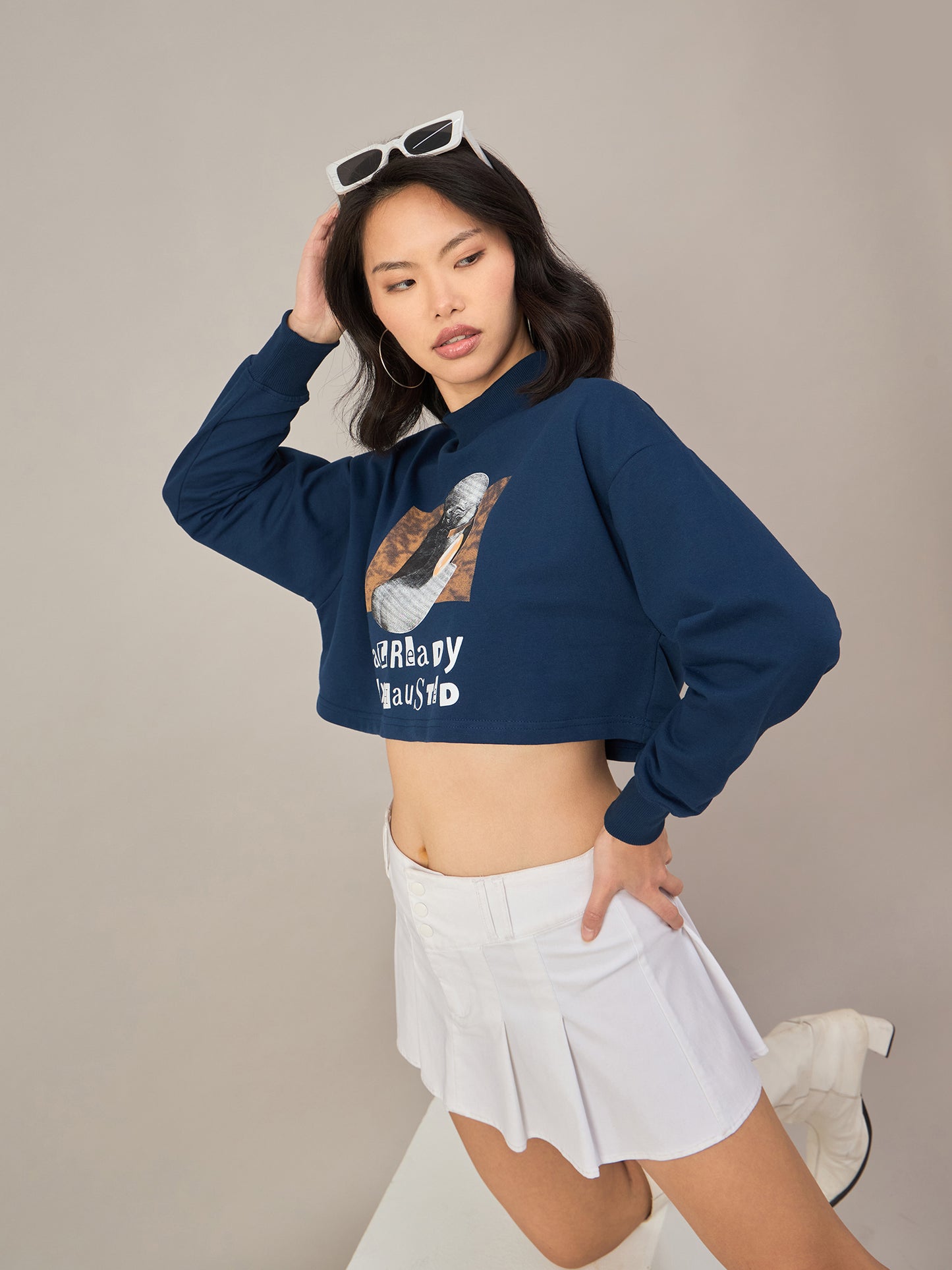 Blue Women Solid Cropped Sweatshirt