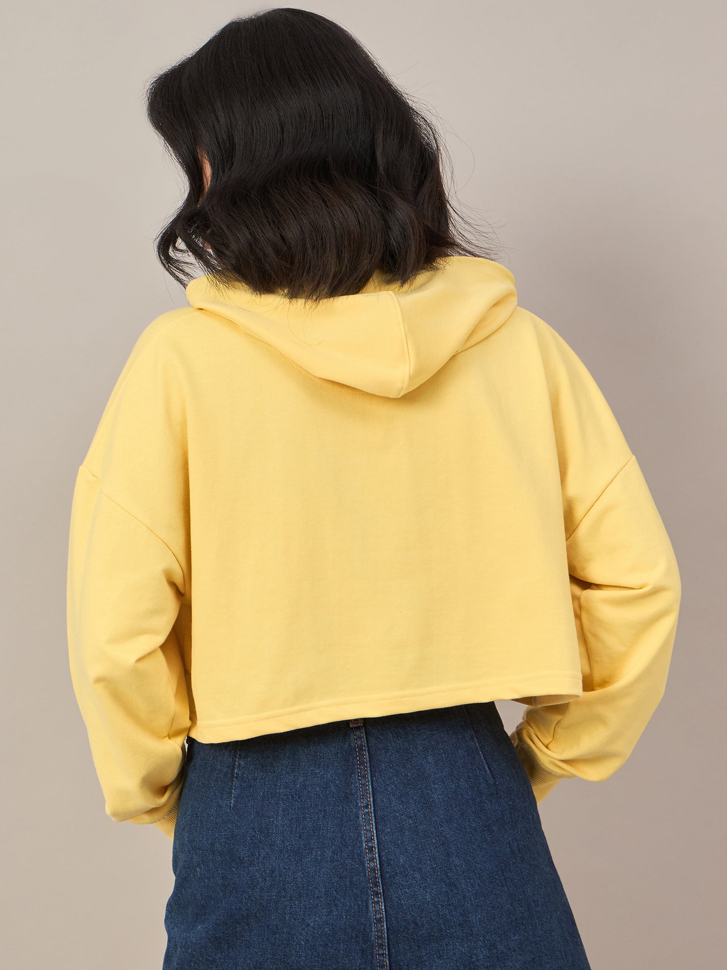 Yellow Women Solid Cropped Hoodie Sweatshirt