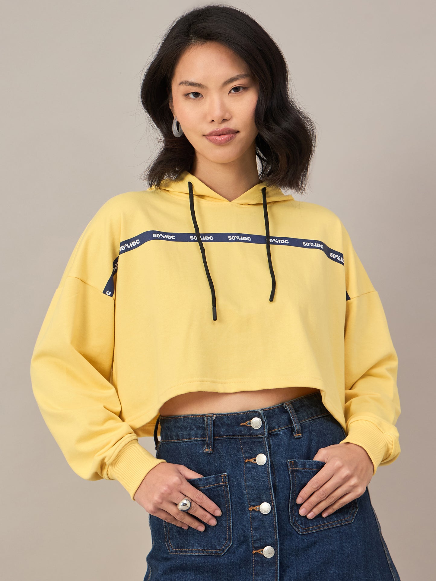 Yellow Women Solid Cropped Hoodie Sweatshirt