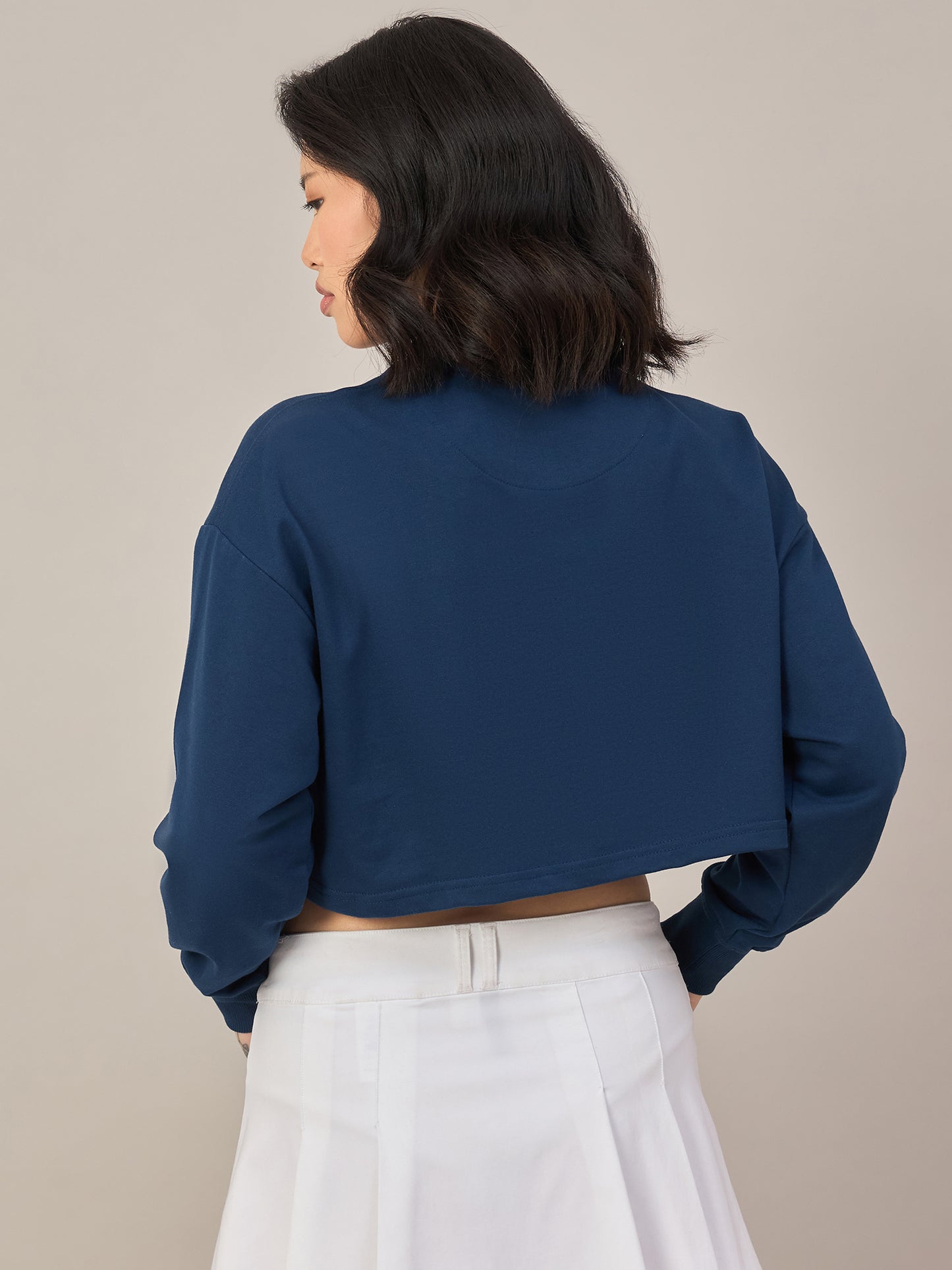Blue Women Solid Cropped Sweatshirt