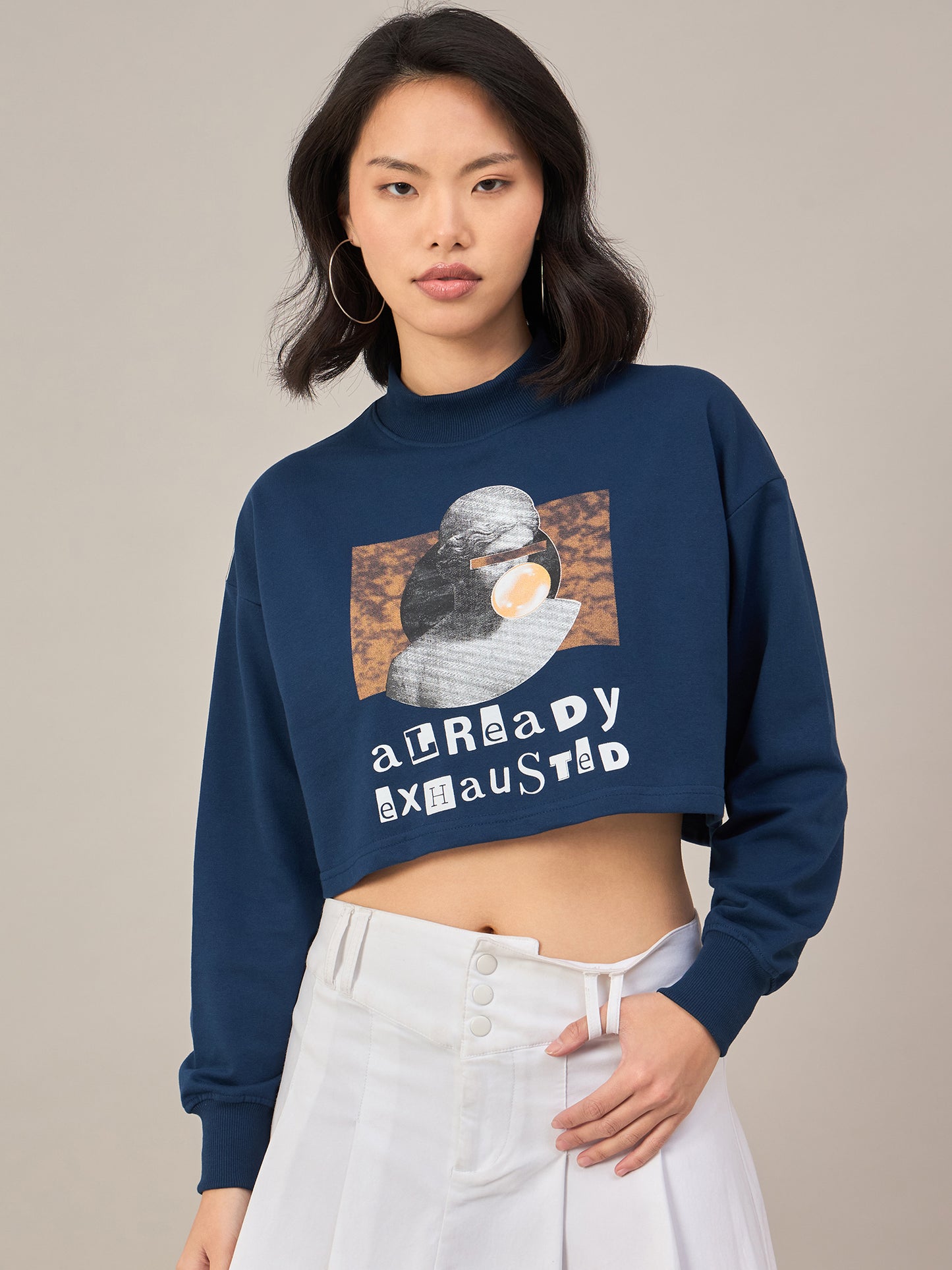 Blue Women Solid Cropped Sweatshirt