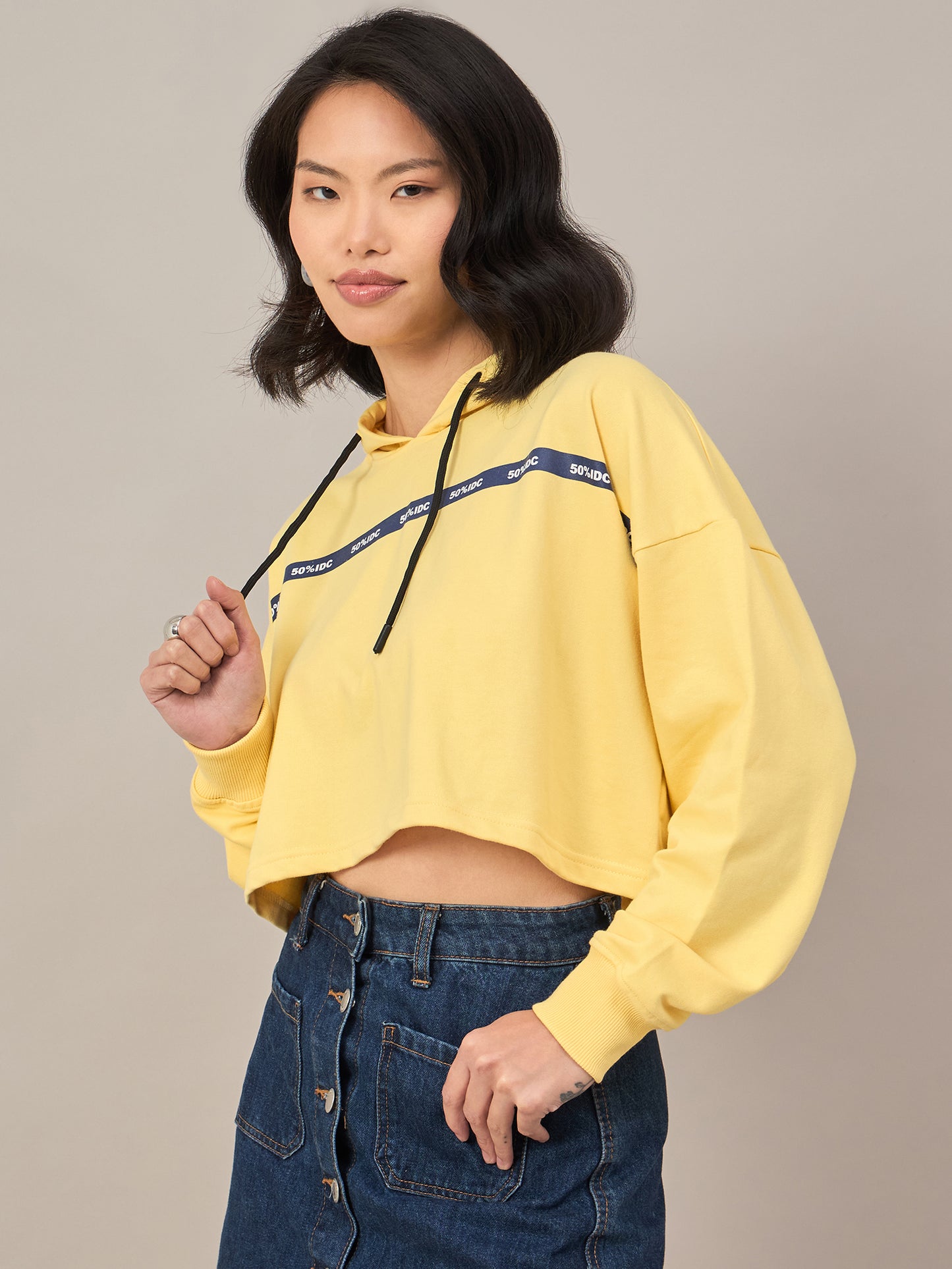 Yellow Women Solid Cropped Hoodie Sweatshirt