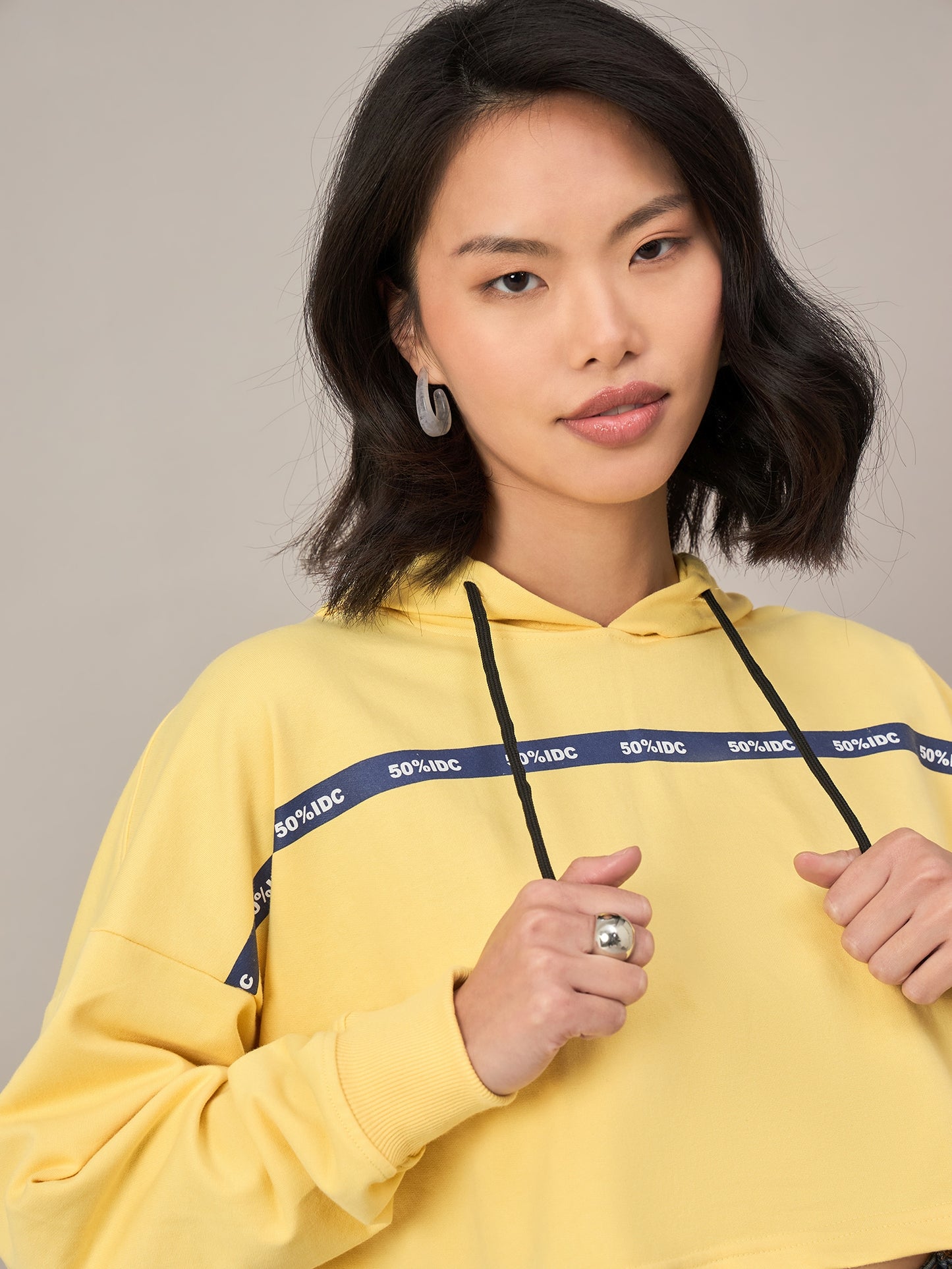 Yellow Women Solid Cropped Hoodie Sweatshirt
