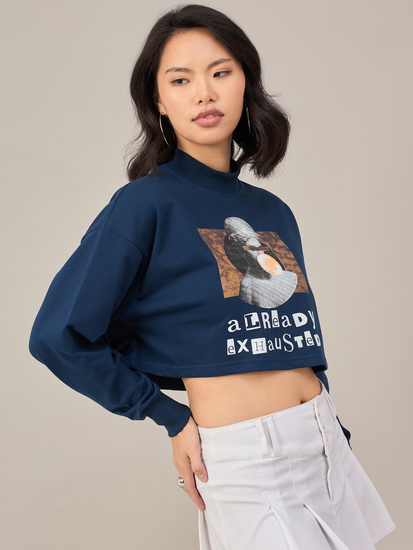 Blue Women Solid Cropped Sweatshirt
