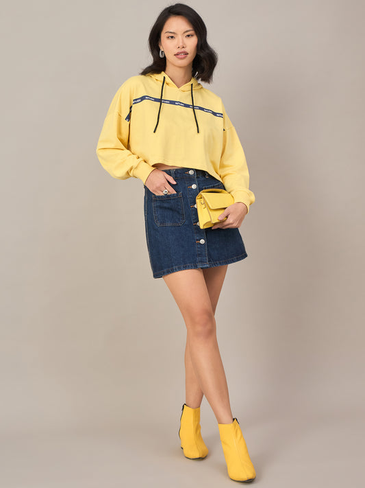Yellow Women Solid Cropped Hoodie Sweatshirt