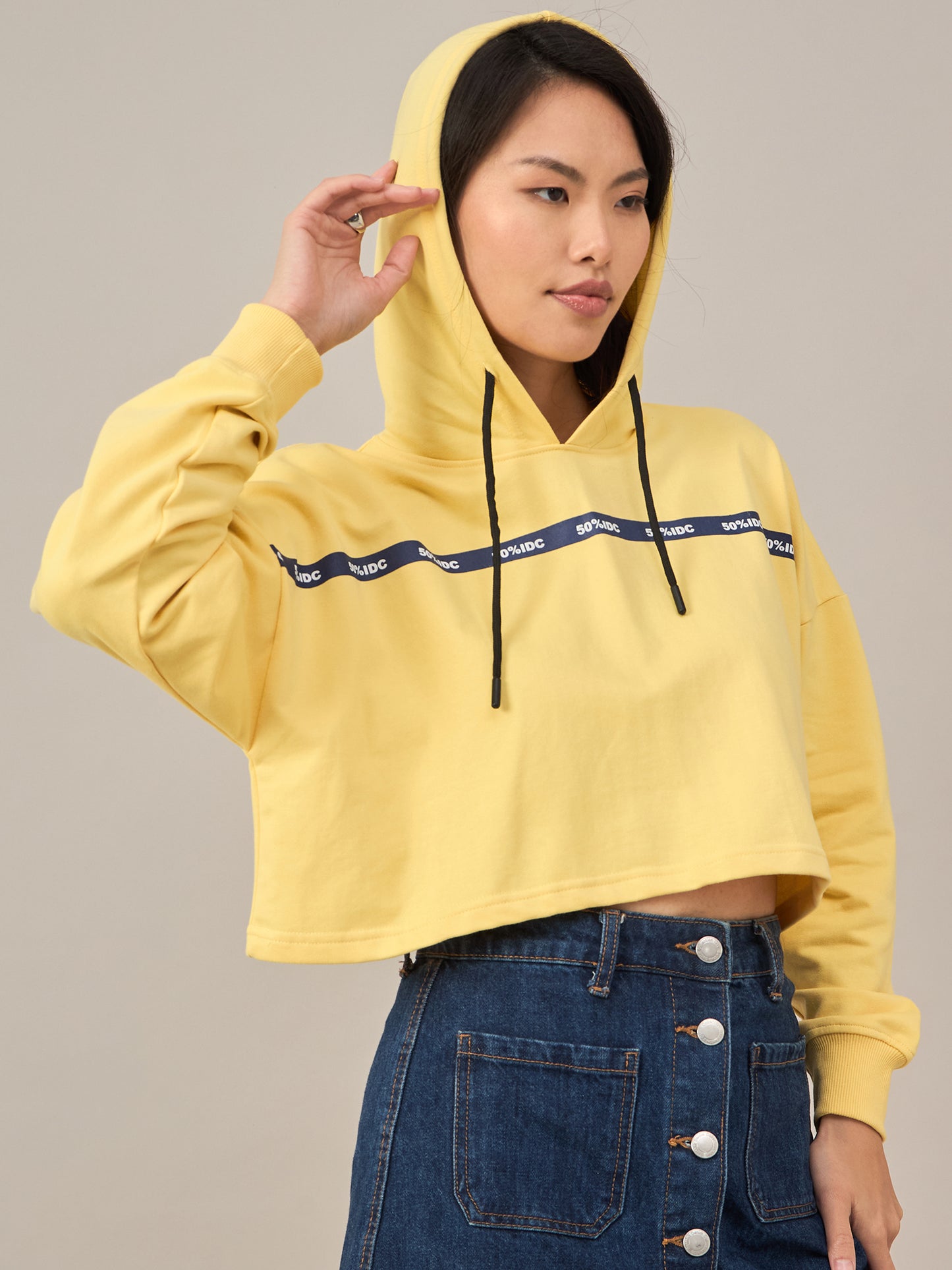Yellow Women Solid Cropped Hoodie Sweatshirt