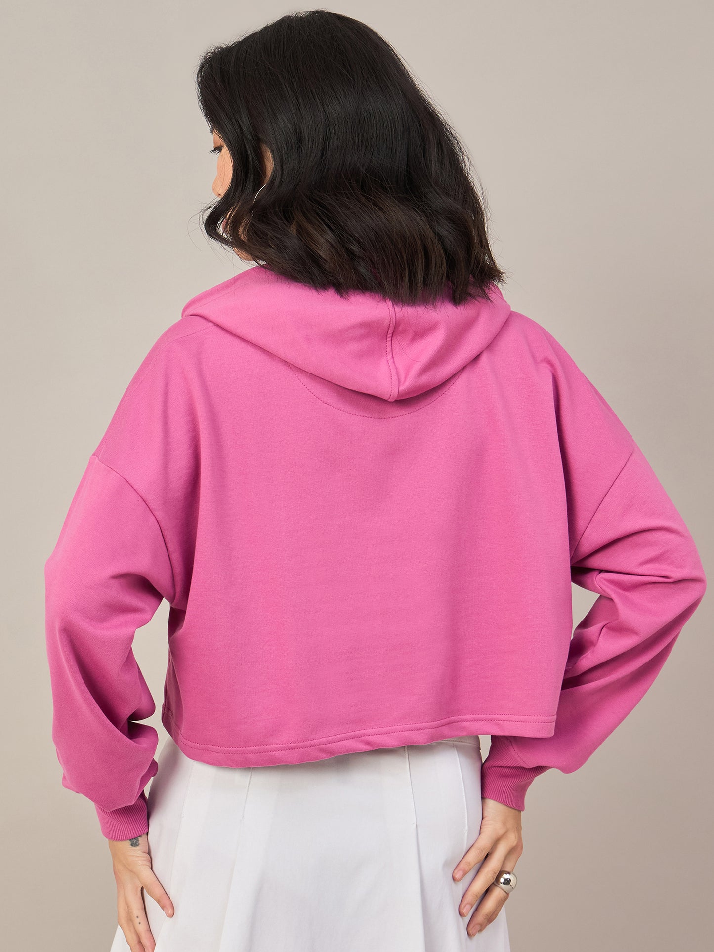 Pink Women Solid Cropped Hoodie Sweatshirt