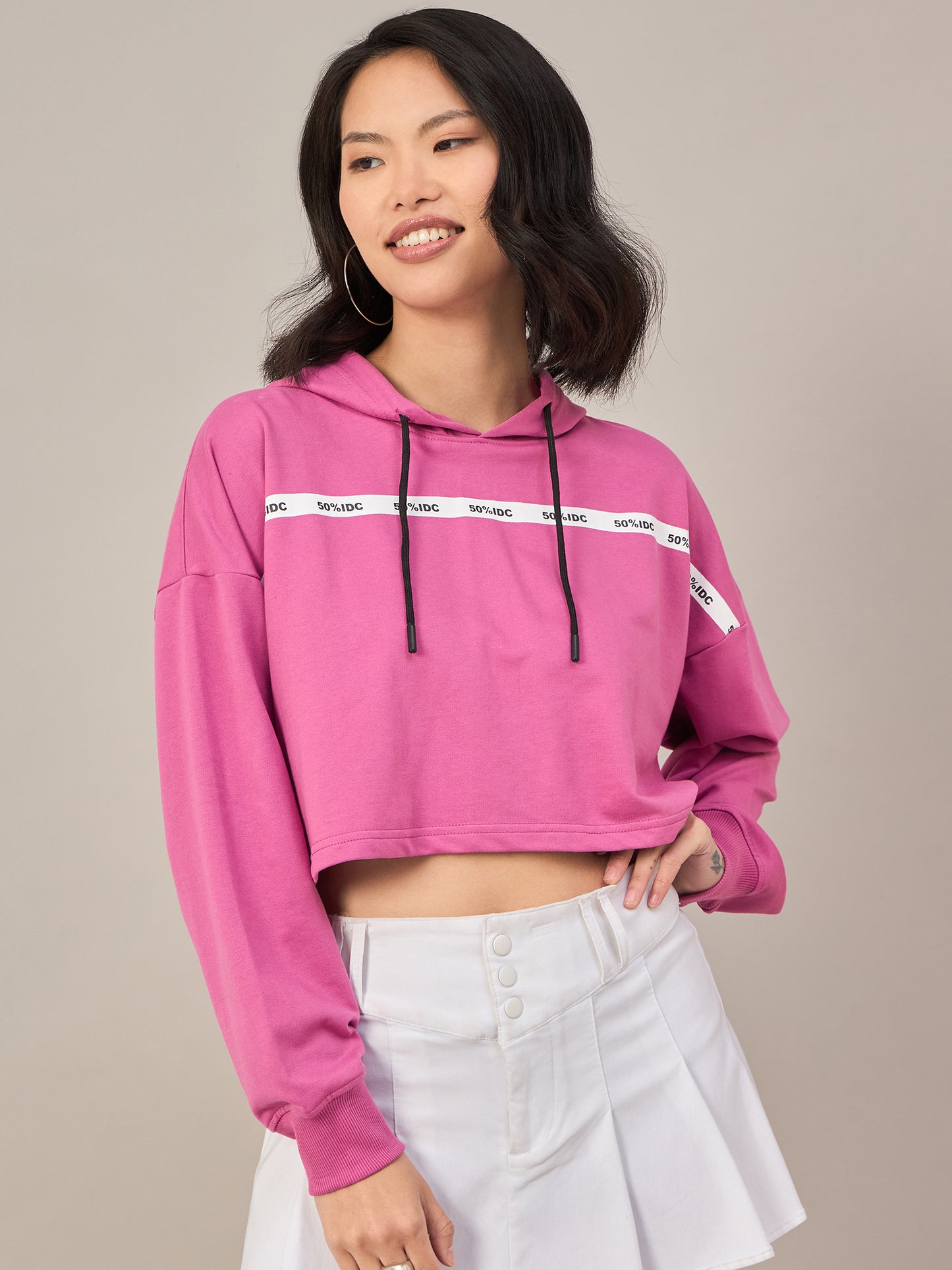 Pink Women Solid Cropped Hoodie Sweatshirt