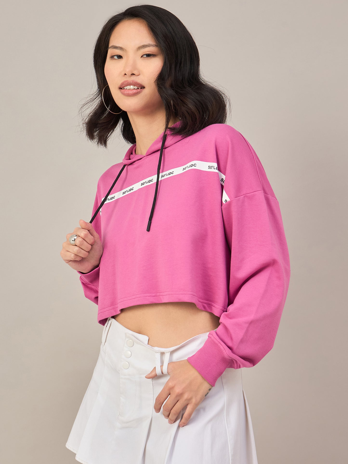 Pink Women Solid Cropped Hoodie Sweatshirt