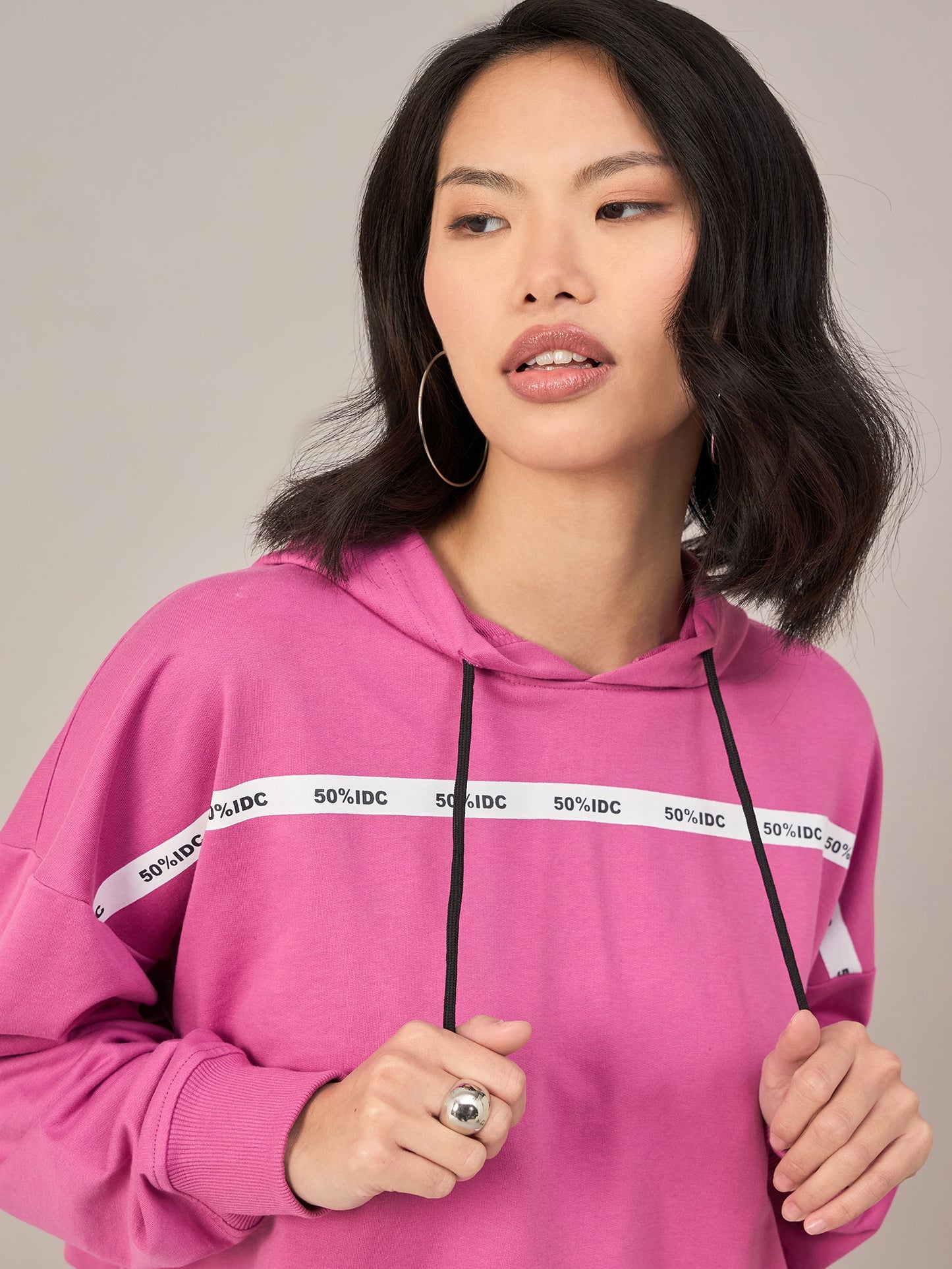 Pink Women Solid Cropped Hoodie Sweatshirt