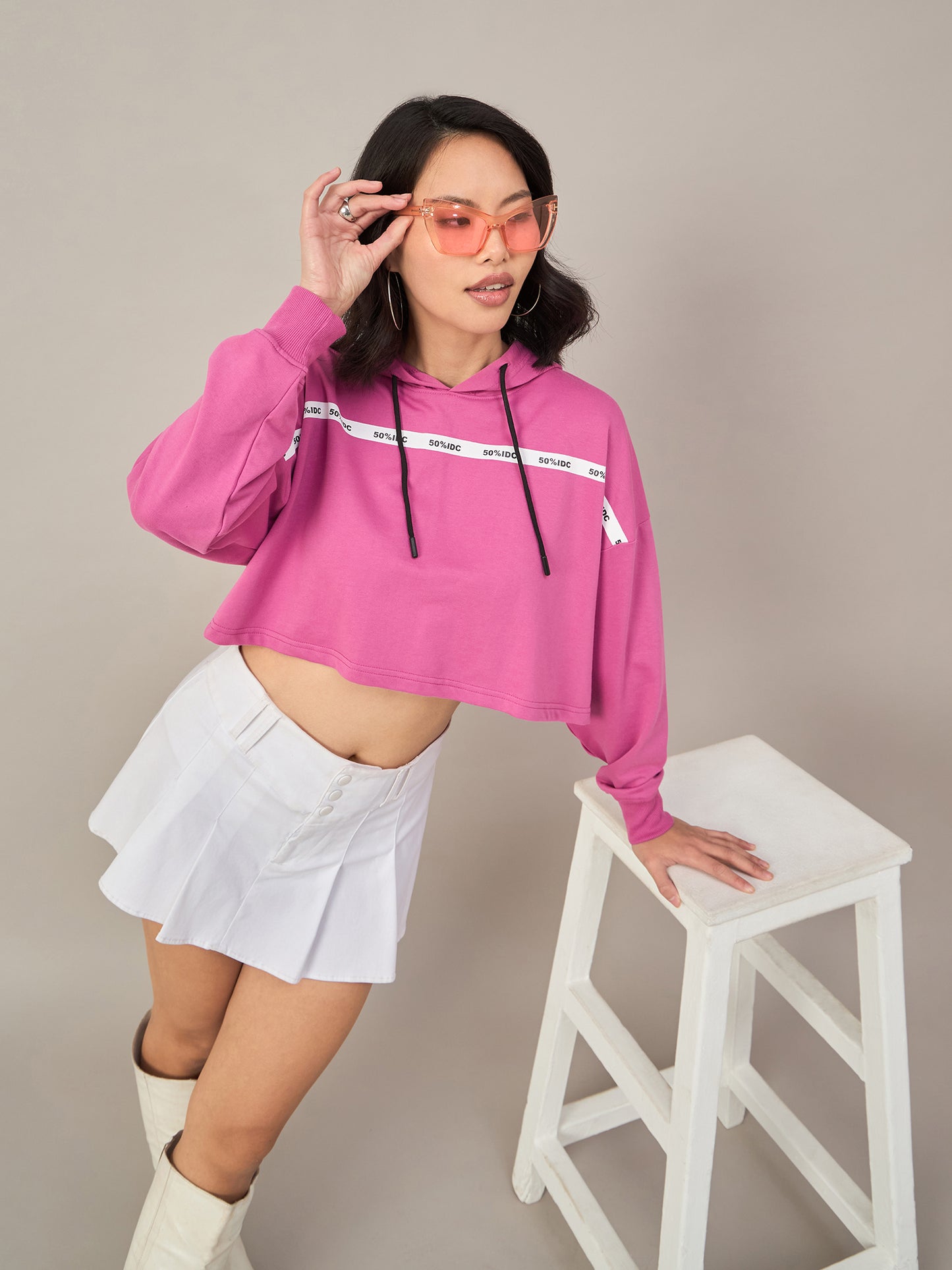 Pink Women Solid Cropped Hoodie Sweatshirt
