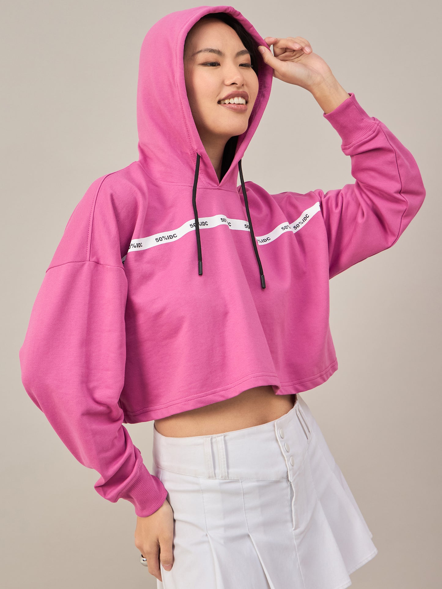 Pink Women Solid Cropped Hoodie Sweatshirt