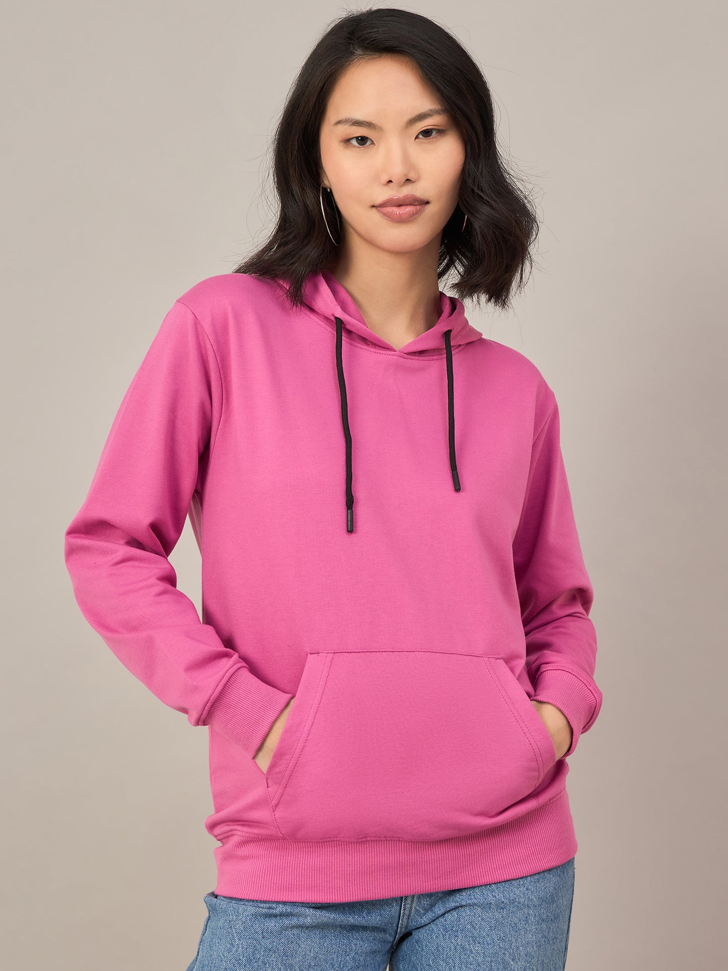 Dark Pink Women Printed Full Sleeves Hoodie