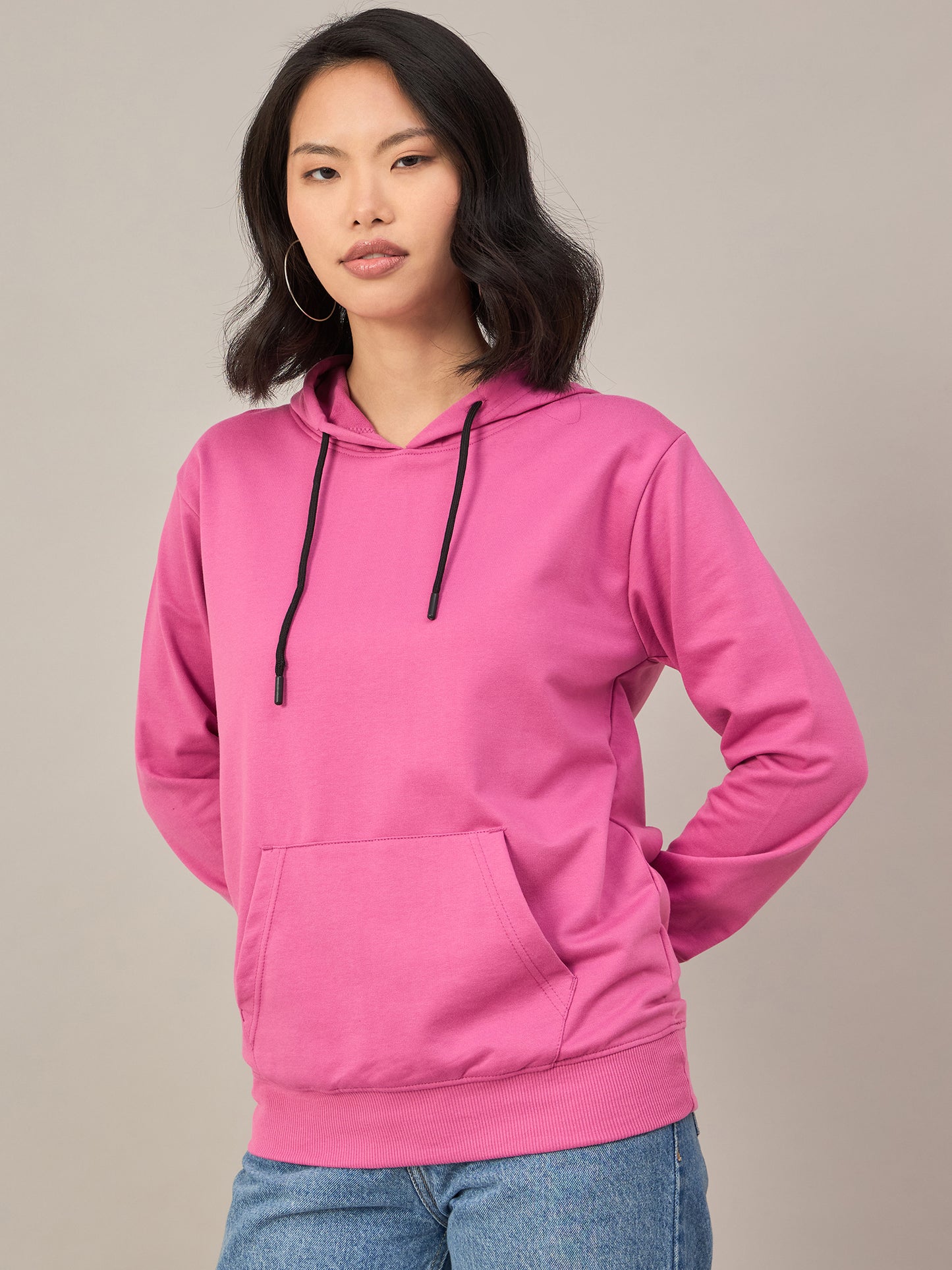 Dark Pink Women Printed Full Sleeves Hoodie