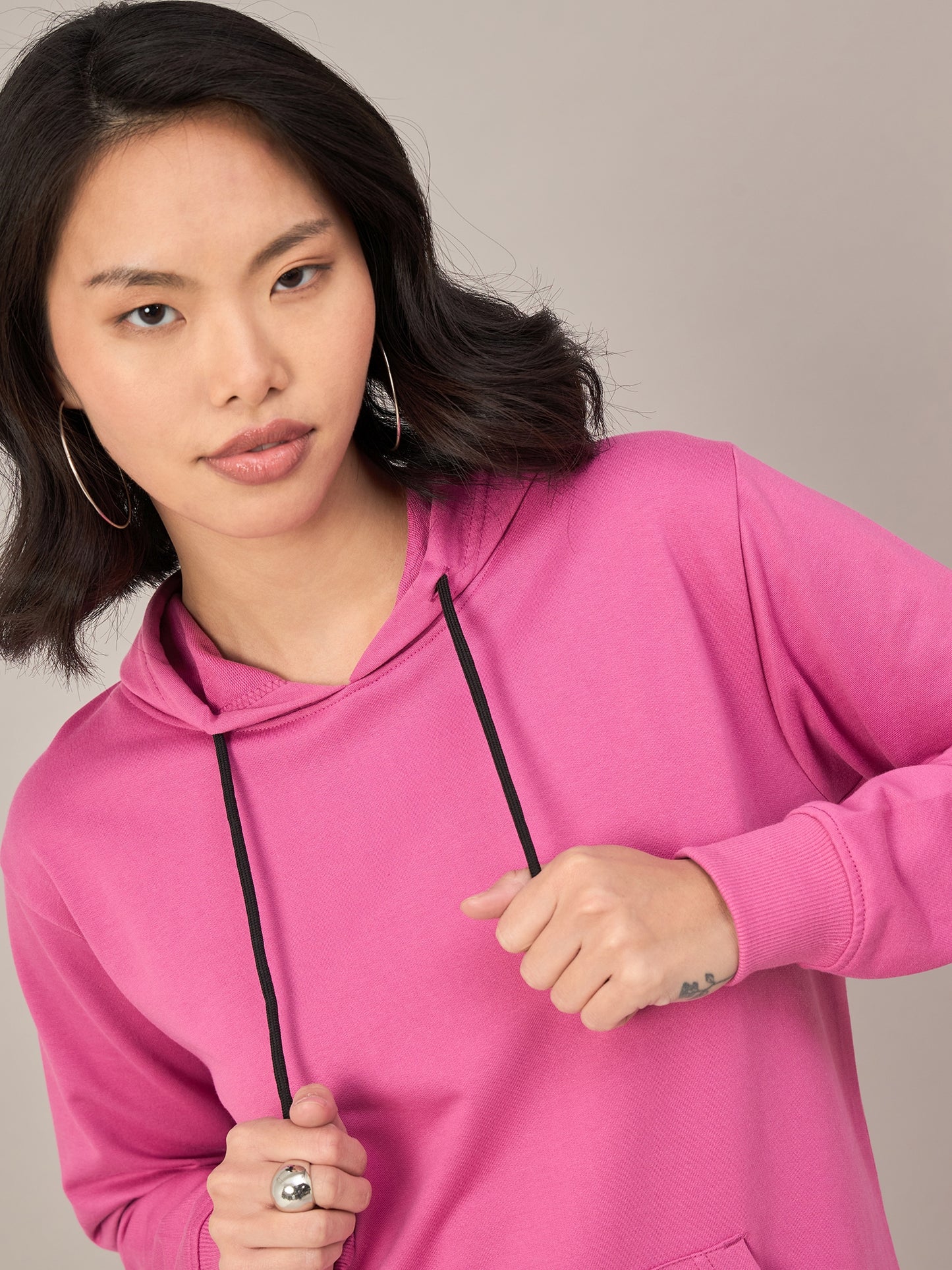 Dark Pink Women Printed Full Sleeves Hoodie