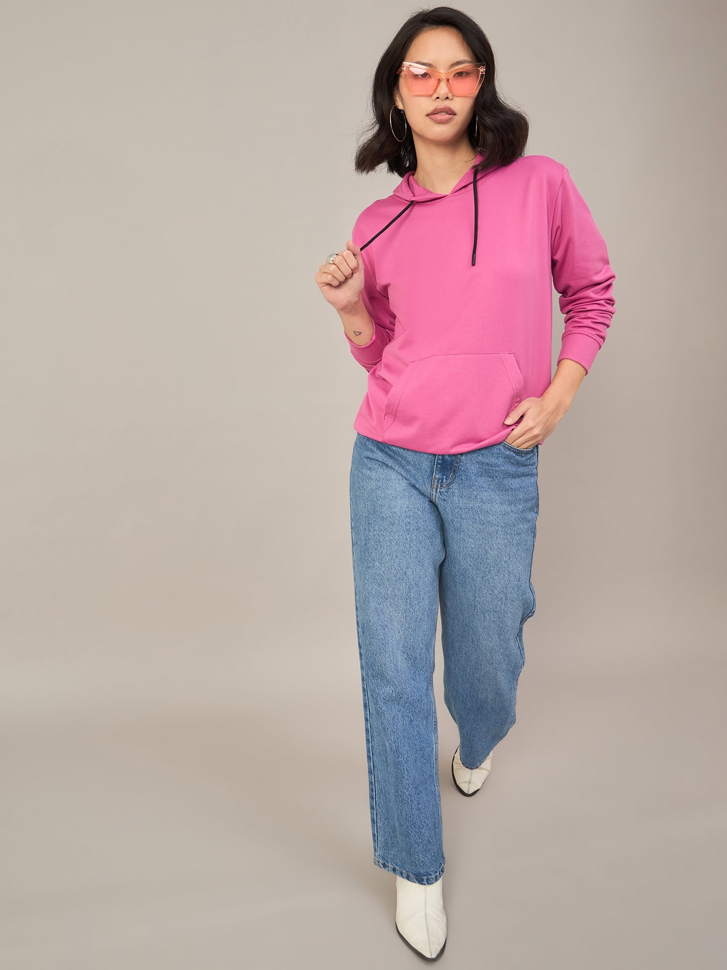 Dark Pink Women Printed Full Sleeves Hoodie