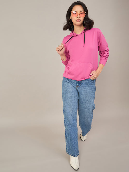 Dark Pink Women Printed Full Sleeves Hoodie