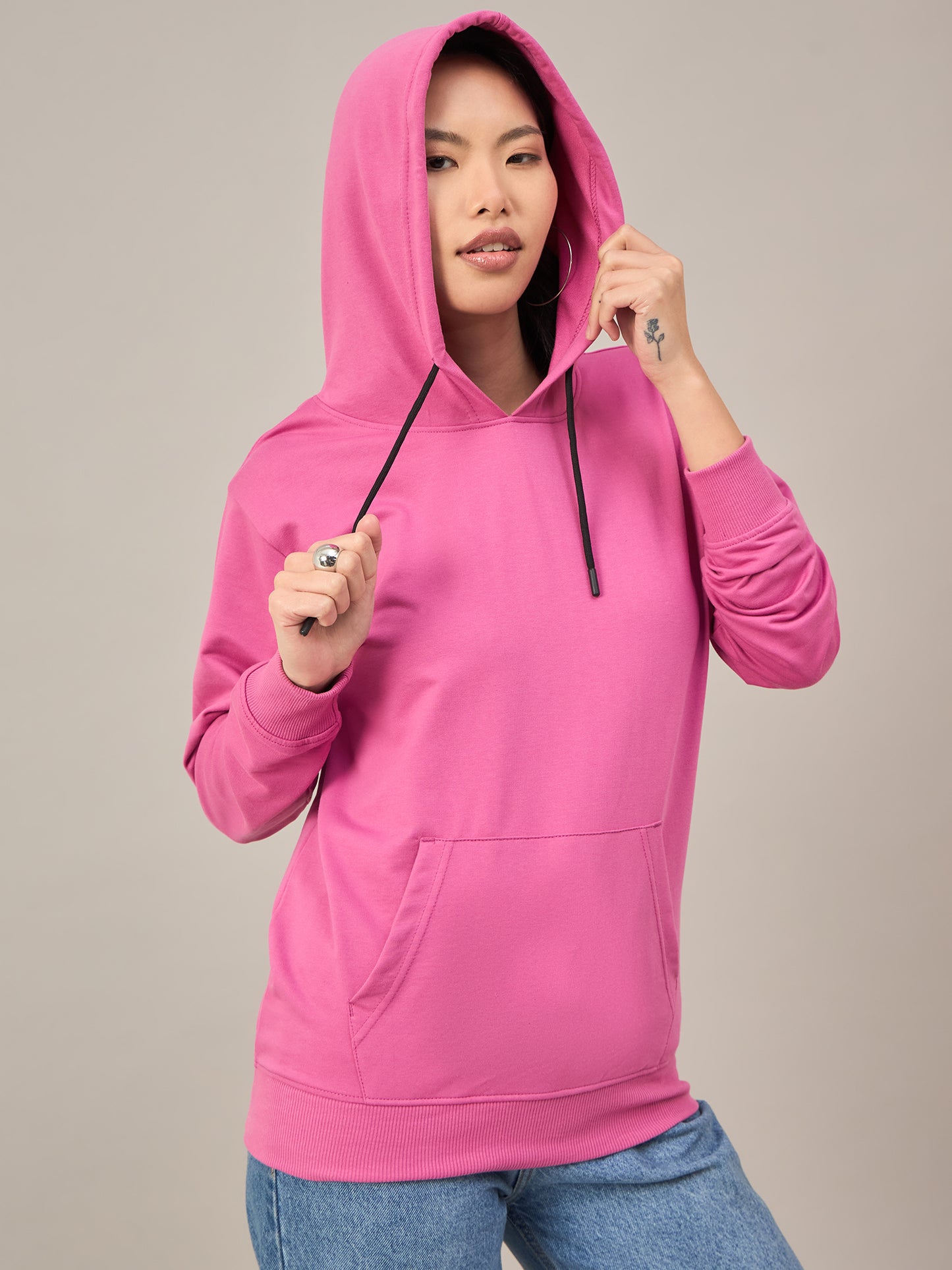 Dark Pink Women Printed Full Sleeves Hoodie
