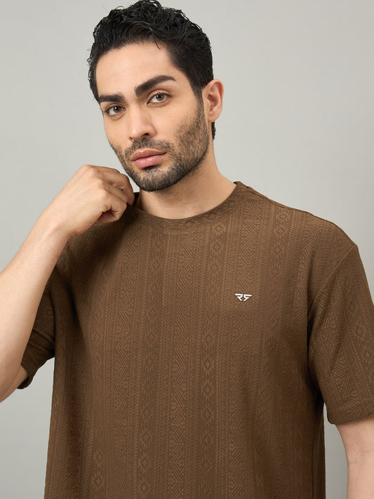 Men Oversized Round Neck Drop Shoulder T-shirt Brown