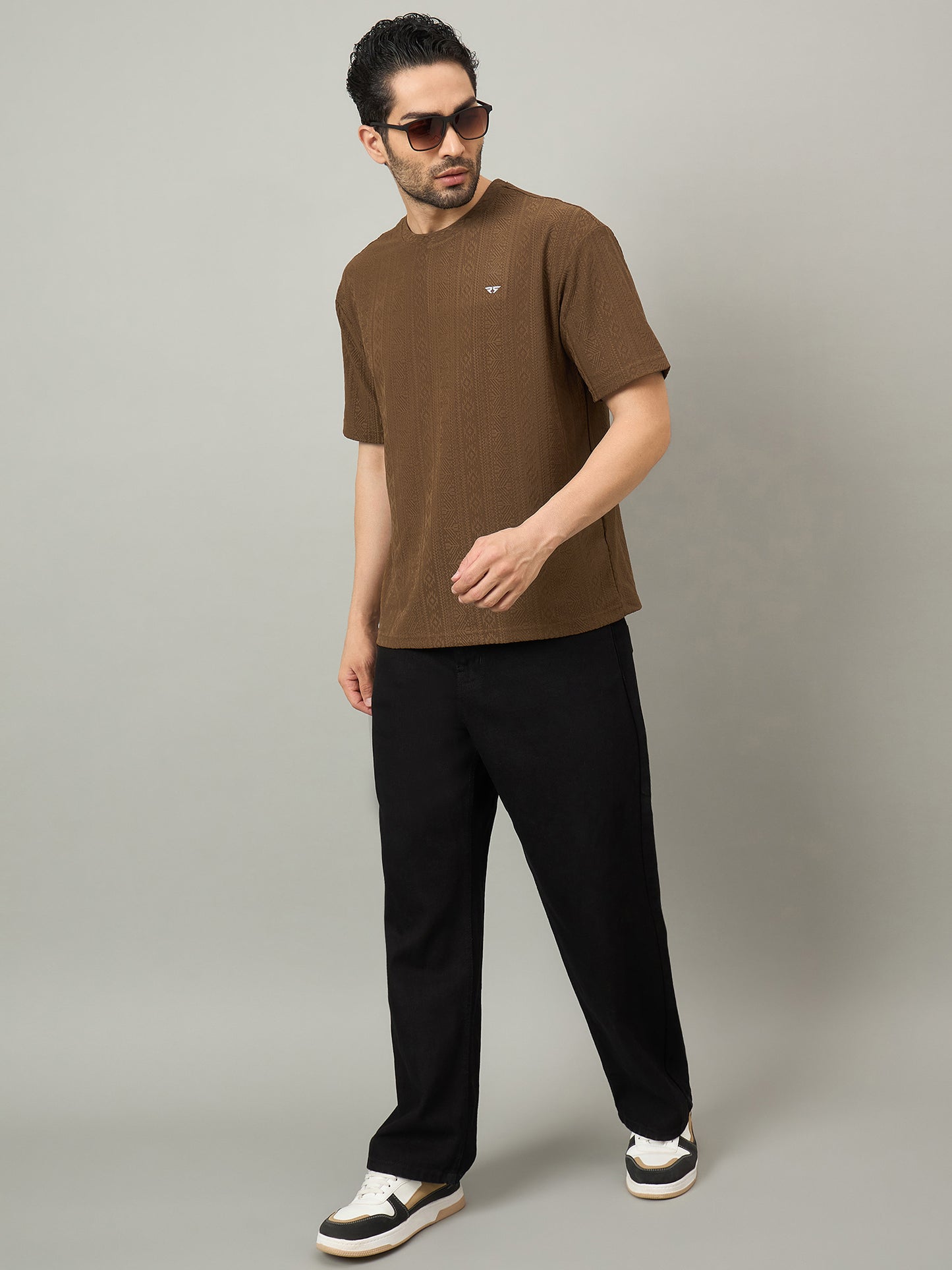 Men Oversized Round Neck Drop Shoulder T-shirt Brown