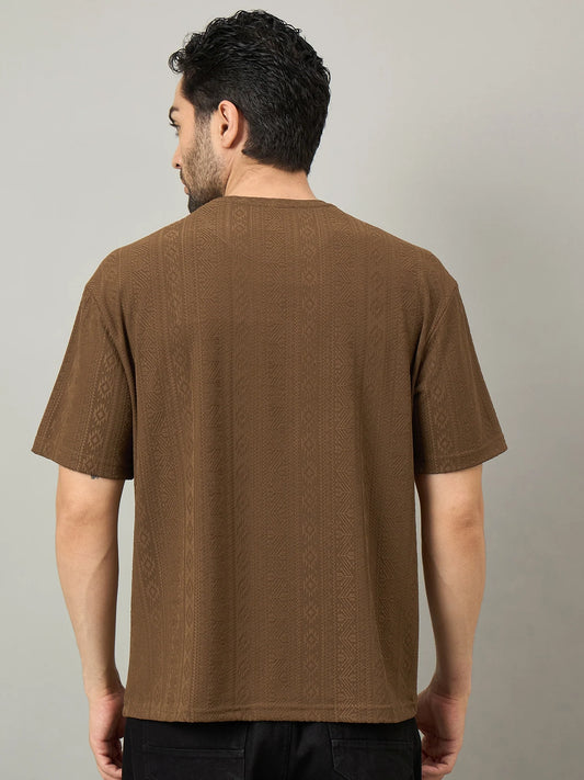 Men Oversized Textured Round Neck Drop Shoulder T-shirt Brown
