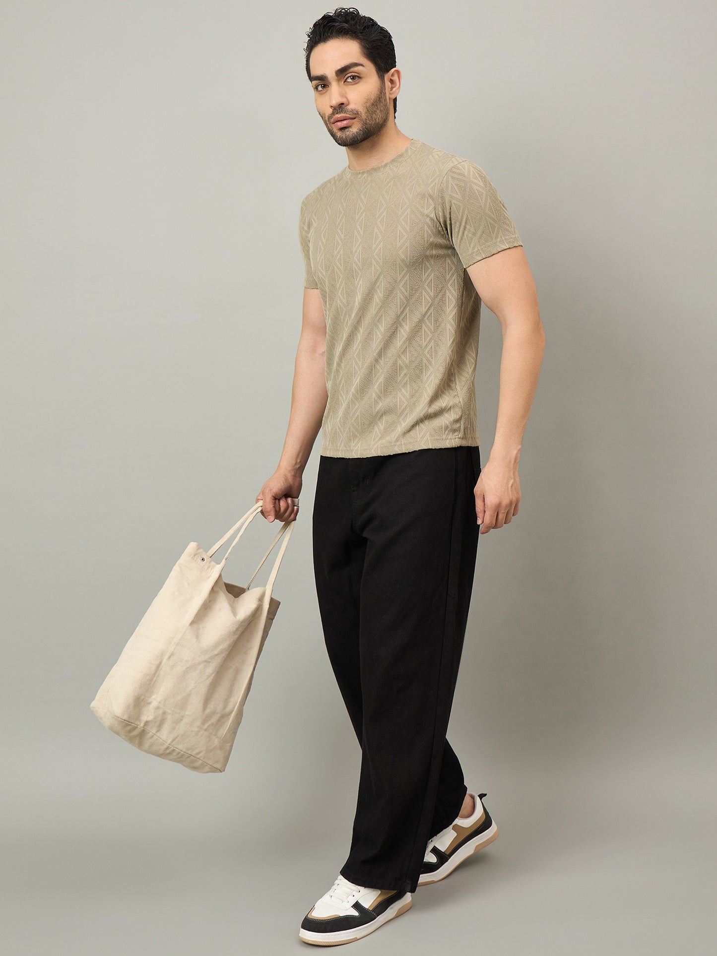 Men Round Neck T-shirt Beige