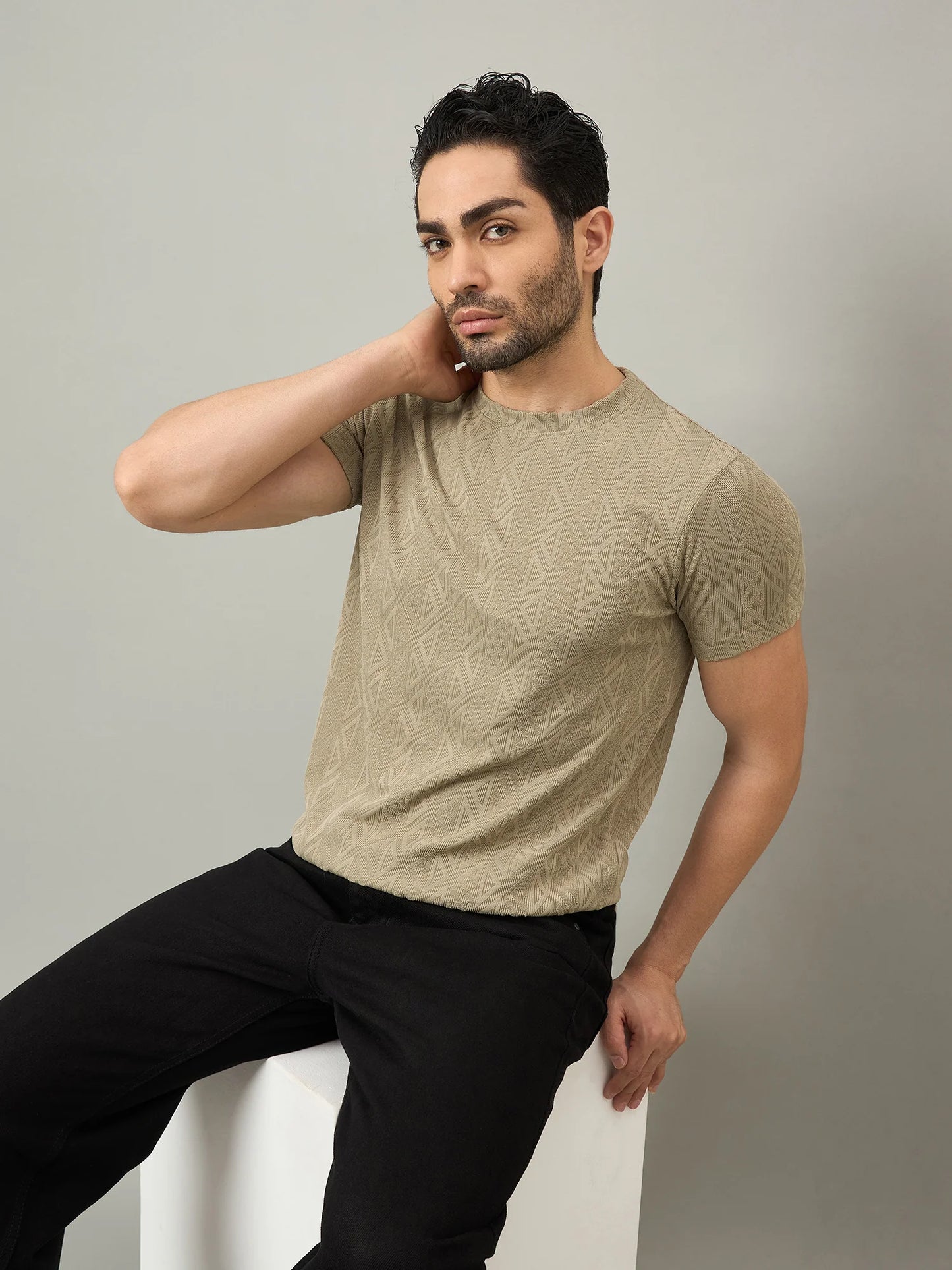 Men Textured Round Neck T-shirt Beige