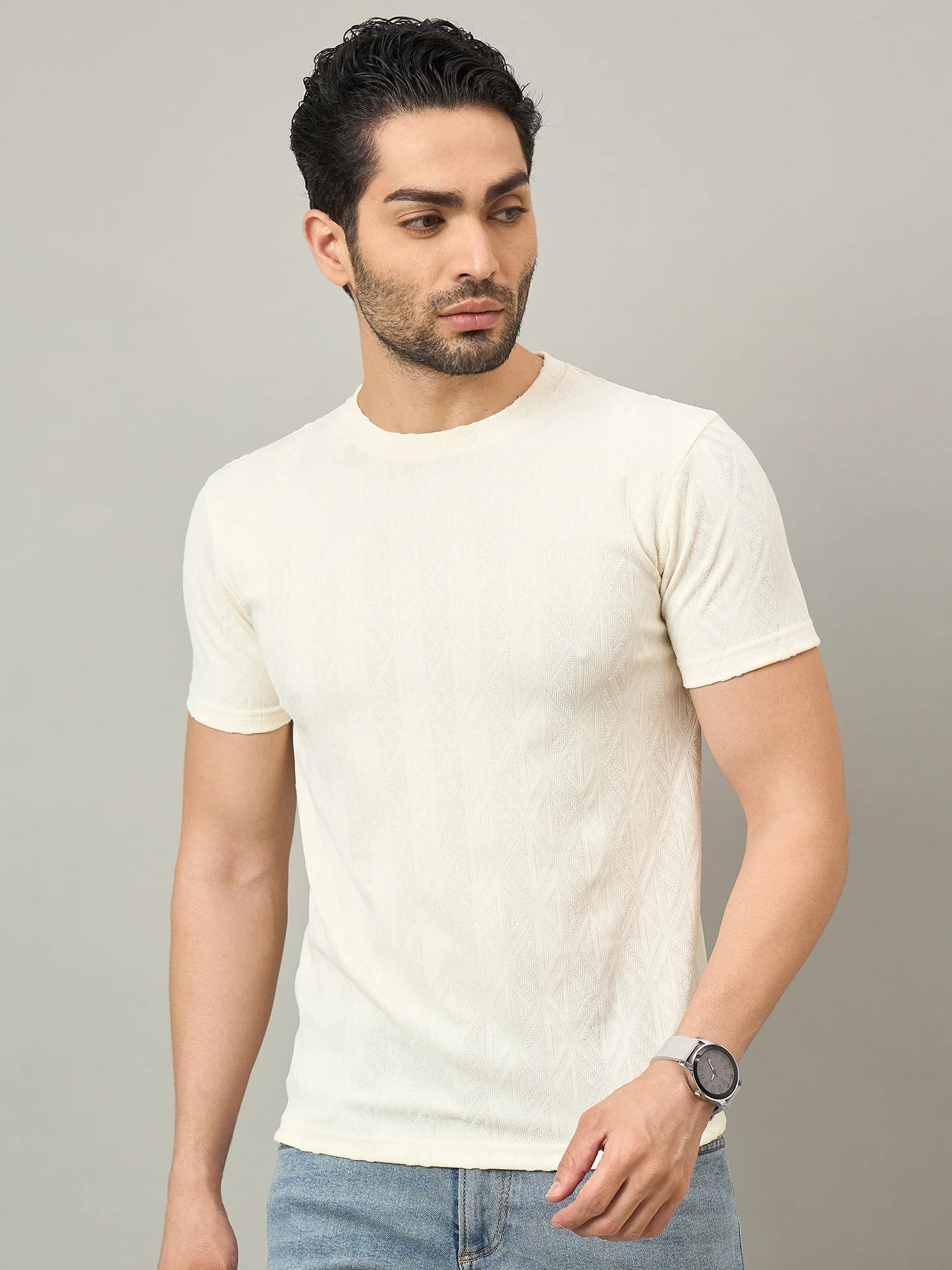 Men Textured Round Neck T-shirt white