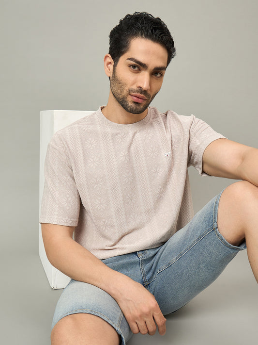 Men Oversized Round Neck Drop Shoulder T-shirt Cream