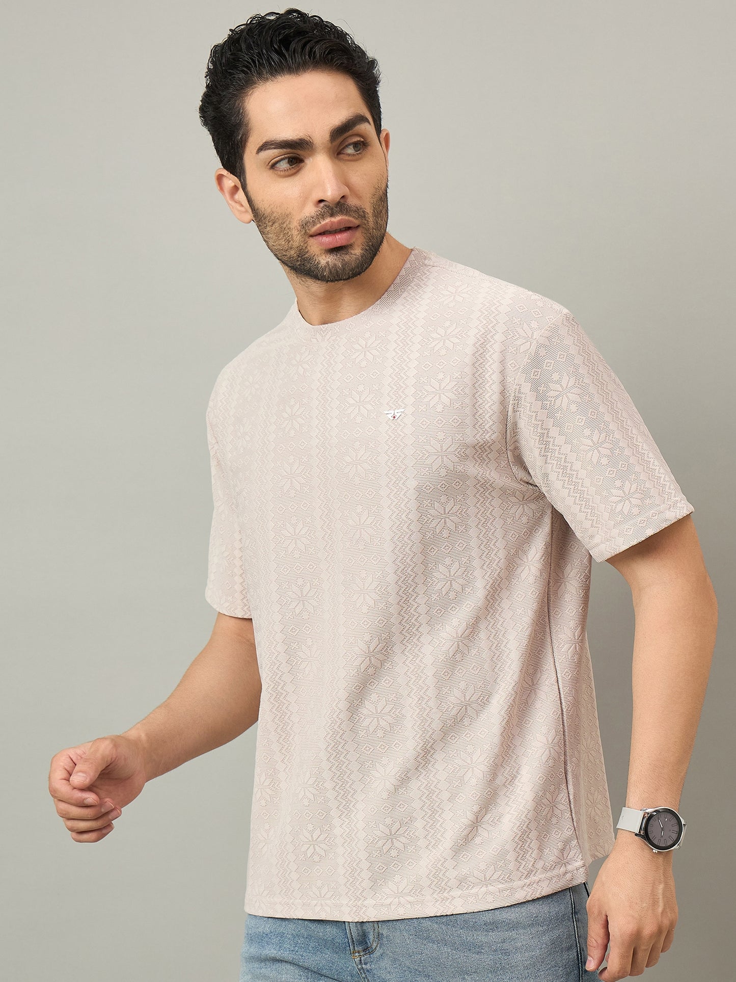 Men Oversized Round Neck Drop Shoulder T-shirt Cream